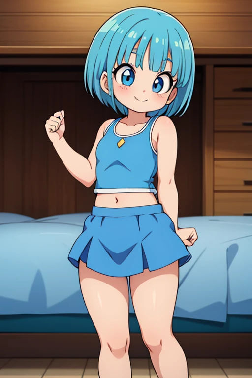  Bulma Dragon Ball Daima extravagant miniskirt, It must be small , adorable, young, sensual (100),  short light blue hair .  very pretty girl . sensual legs. tight top. Mechanical workshop. software. cute.  girl. look at the viewer. happy smile. illusion . fitted bodice.  small body . exposed navel. flamboyant miniskirt. youngcita