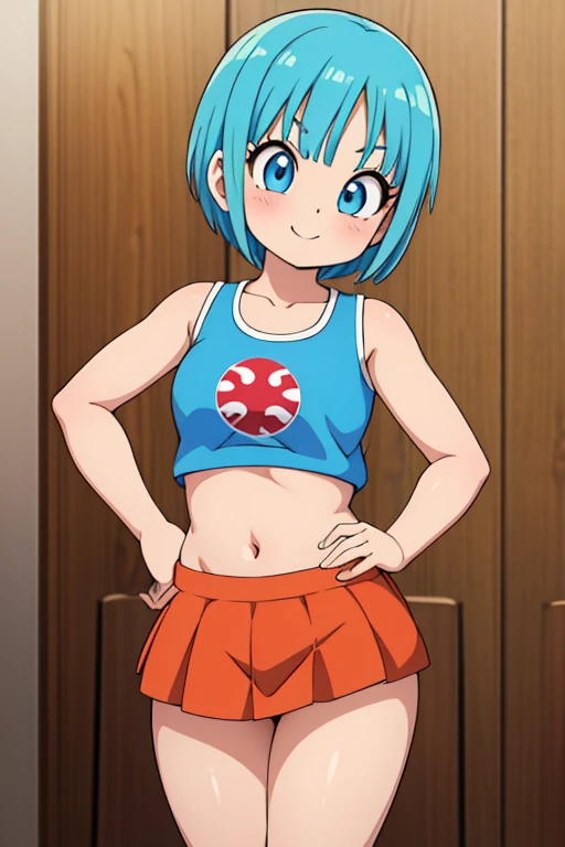  Bulma Dragon Ball Daima extravagant miniskirt, It must be small , adorable, young, sensual (100),  short light blue hair .  very pretty girl . sensual legs. tight top. Mechanical workshop. software. cute. ***********. look at the viewer. happy smile. illusion . fitted bodice.  small body . exposed navel. flamboyant miniskirt. youngcita