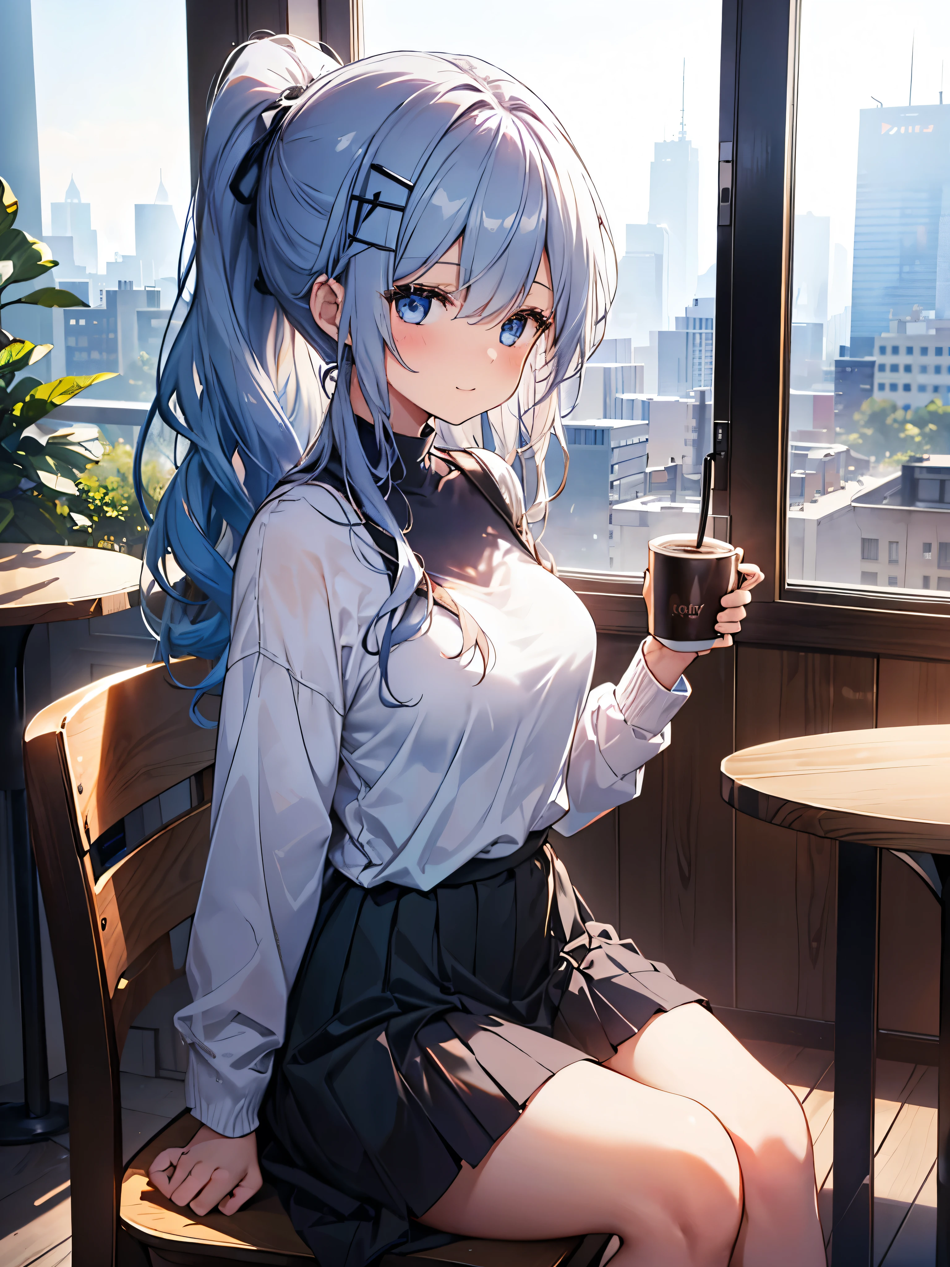 One Girl, Curly Ponytail, smile, blue eyes, View drinks ,Wear a hoodie, (Cafe）, (（morning）), masterpiece, 8k,  perfect lighting, The perfect outfit,  Perfect Anatomy, Sharp resolution, Shallow depth of field,  Soft Shadows , Casual and relaxed atmosphere, Natural light pours in, Hair clip, Beautiful breasts、 black skirt 、Sit on a chair、 coffee cup with both hands、