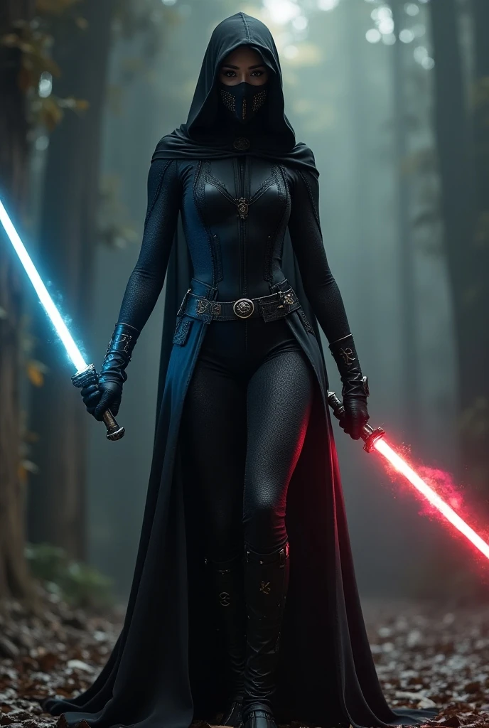 When a female orange-haired dark ebony Jedi, dressed is very sexy light green futuristic robe, with an ice-blue energy sword begins to feel the pull of the dark side but fight against several dark enemies inside a futuristic jedi city.