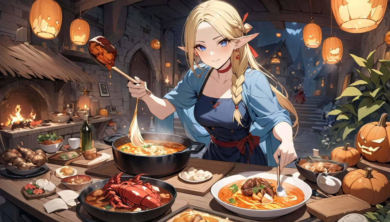 (masterpiece, best quality:1.2), Fantasy Art. Panoramic wide View, Gourmet Collection, Delicious in Dungeon, Many Dished of Dungeon Foods on the table, (1woman, solo, elven ears, earring, blond braid, blue shawl, dark blue dress, red choker, red ribbon, She is cooking), Large scorpion and walking mushroom hot pot, Boiled Mimic, Grilled Kelpie Meat, Roasted Red Dragon, Jack-o'-lantern potage and dryad cheese topping with sauteed flower buds