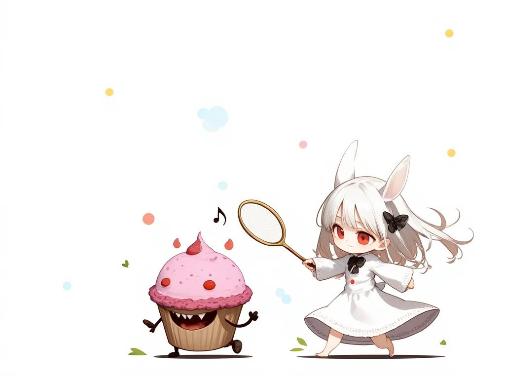 girl\(2.5D,Chibi,cute,kawaii,small ,white hair:1.4,long,hair,rabbit ear,white long dress with frill,red eyes,big eyes,skin color white,big black hairbow,, holding bug net\) chasing the monster\(cupcake monster,pink whipped cream at top, have a mouth and sharp teeth,hopping,\) running away from her,background\(simple white, cute colorful circles\),