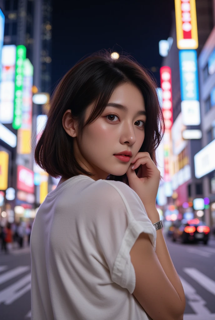 (Detailed face), 23 years old girl, with layered hair, big eyes. Wearing white oversize t-shirt, bracelet. At city street, night, neon, skyscraper in the background. (4K, HDR, very detailed, ultra realistic, masterpiece, realistic style),