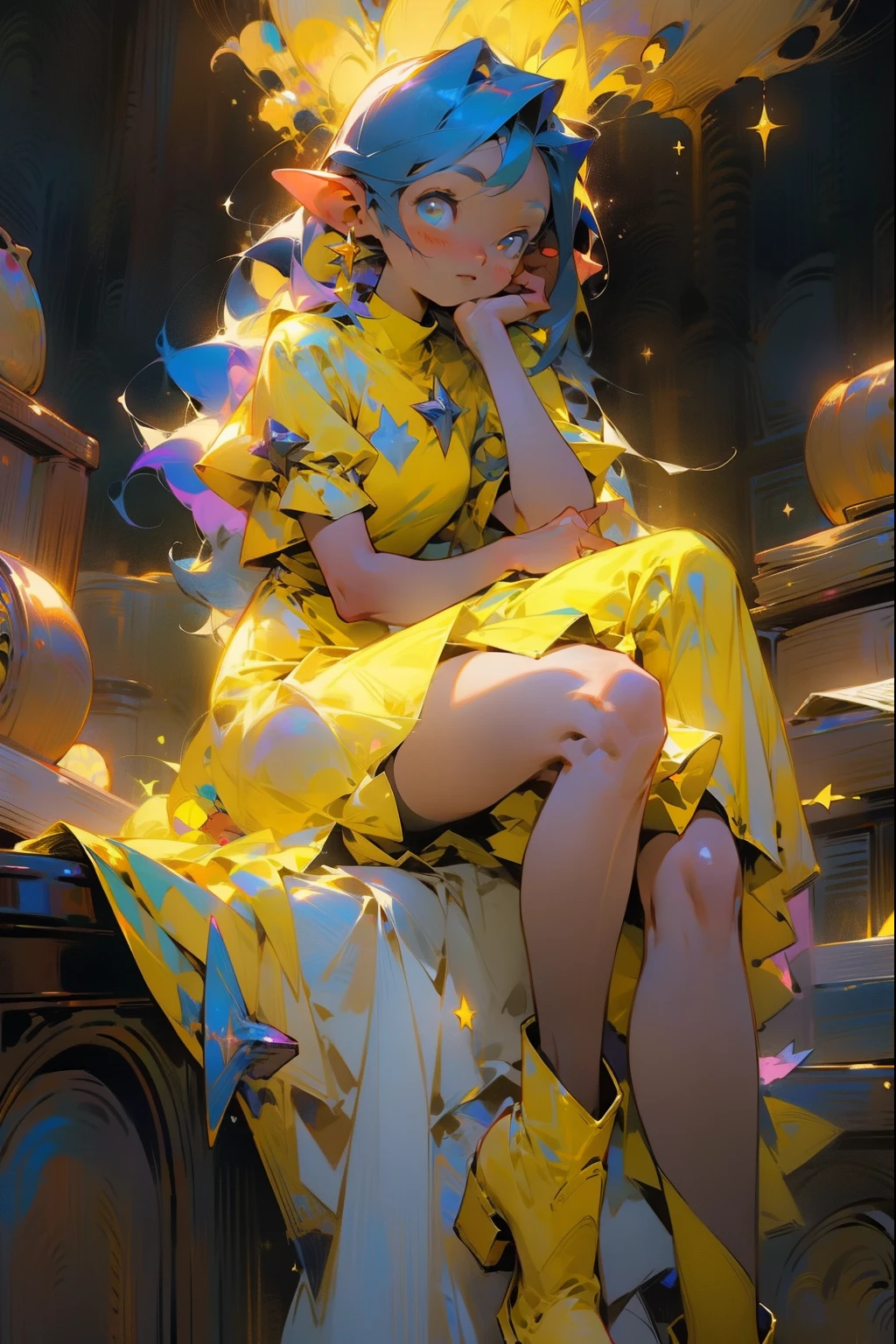 One Girl、 1 girl,Expressionless、Fantastic look、Fairy,  pointed ears, masterpiece, Best Quality,  High Resolution ,,  1 girl, Alone, Blue Hair, Yellow Bandana, Long Hair ,  thigh-high boots、Yellow dress、Yellow Skirt, Dark Background, starlight, star,starをすくう、手のひらでstarを救い上げる、Thighs、sit proudly、Lift your legs、Crossing your legs、Holding a book、Holding a book、Close the book。