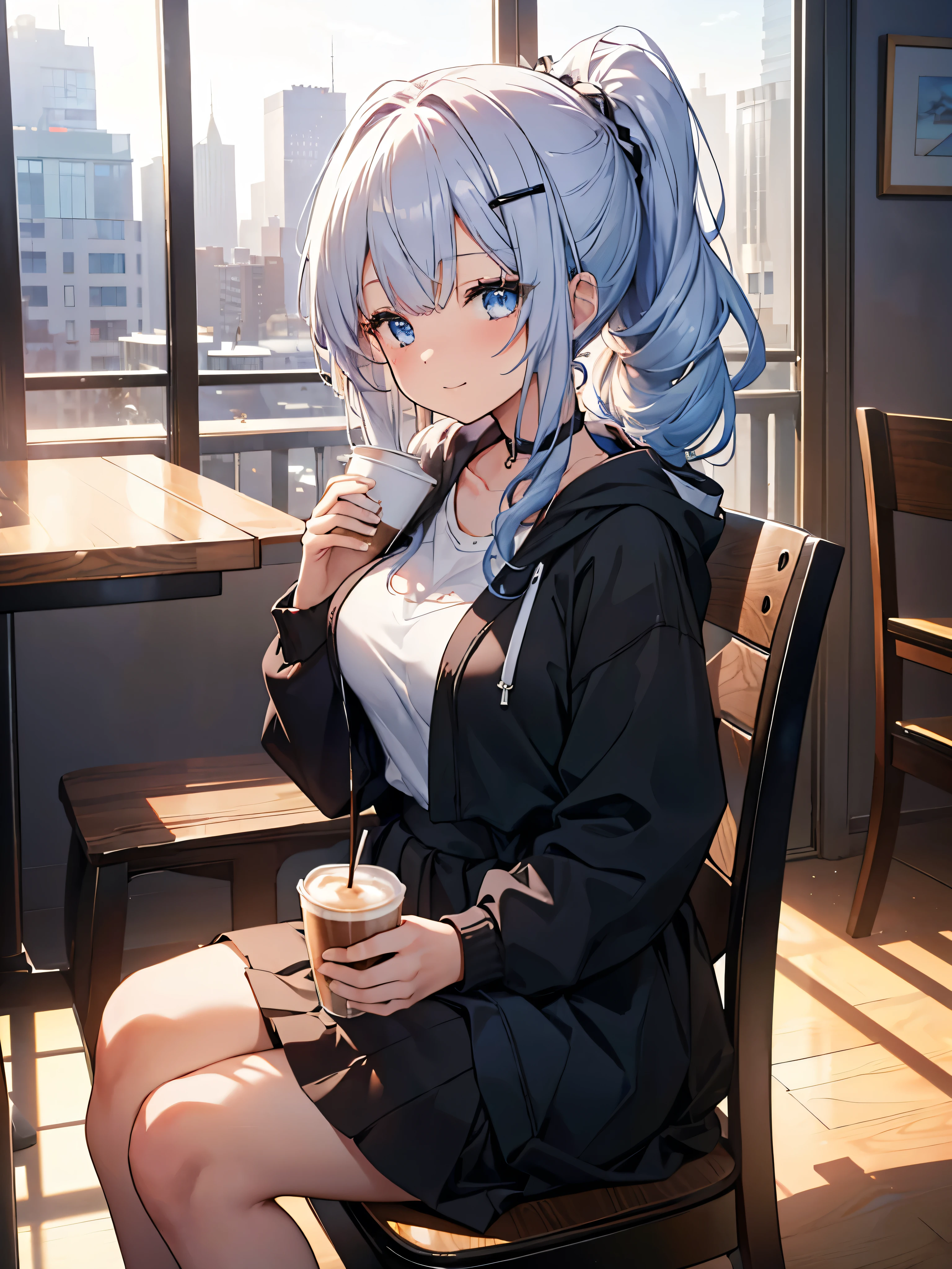 One Girl, Curly Ponytail, smile, blue eyes, View drinks ,Wear a hoodie, (Cafe）, (（morning）), masterpiece, 8k,  perfect lighting, The perfect outfit,  Perfect Anatomy, Sharp resolution, Shallow depth of field,  Soft Shadows , Casual and relaxed atmosphere, Natural light pours in, Hair clip, Beautiful breasts、 black skirt 、Sit on a chair、 coffee cup with both hands、