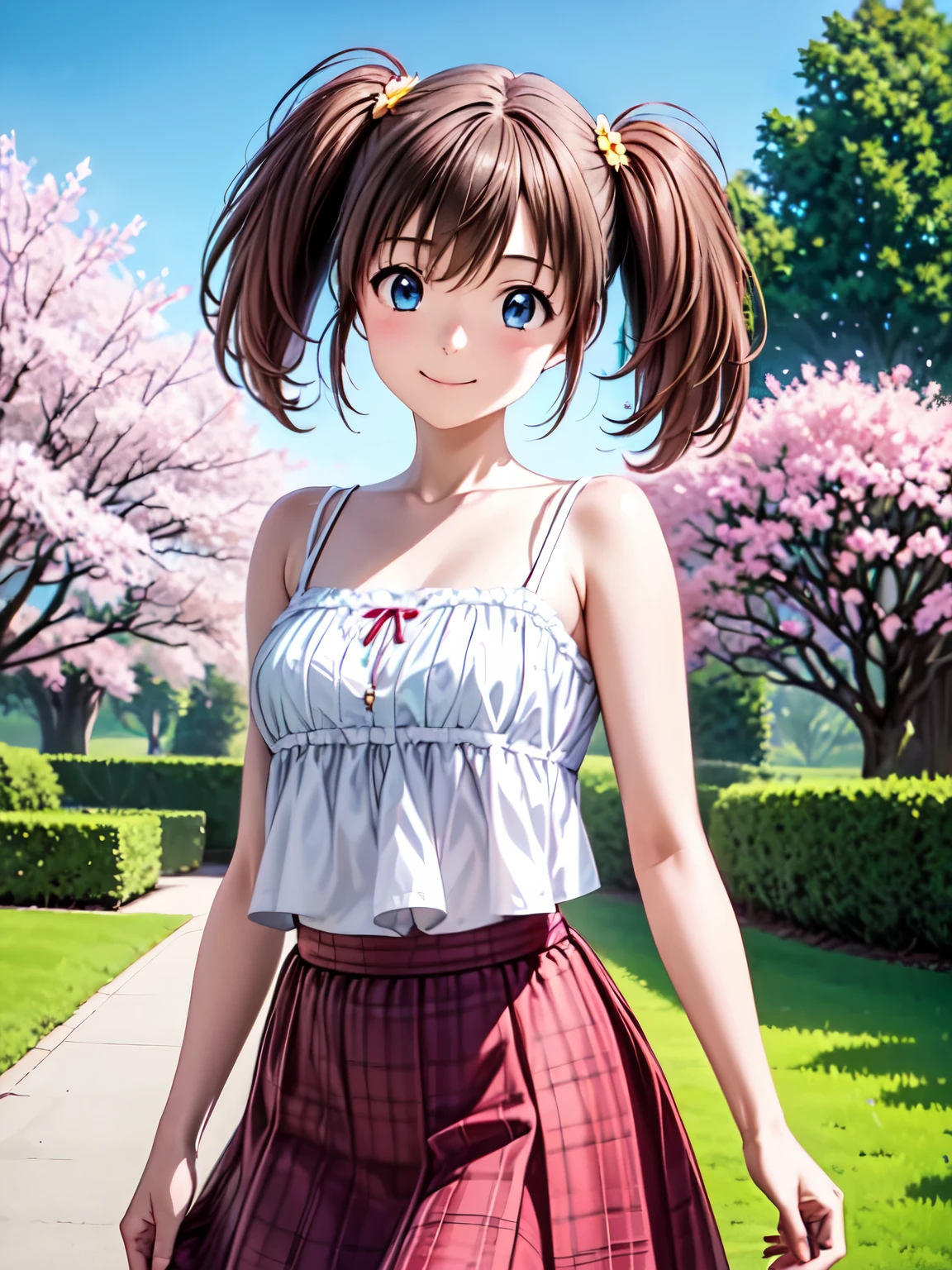 Best Quality,  High Resolution ,One Girl、solo、smile、Anime Style、( animated illustration style :1.5), Tomochika, Tomochika-Dannoura 、Brown Hair、 beautiful blue eyes ,  medium hair 、 twin tails,Closed Mouth、smile、garden、cherry blossoms、 beautiful cherry blossoms blooming beautifully、stroll,( camisole、skirt:1.3),(Realistic, Genuine, Genuine的、Realistic:1.3), Best Quality、  cowboy shot