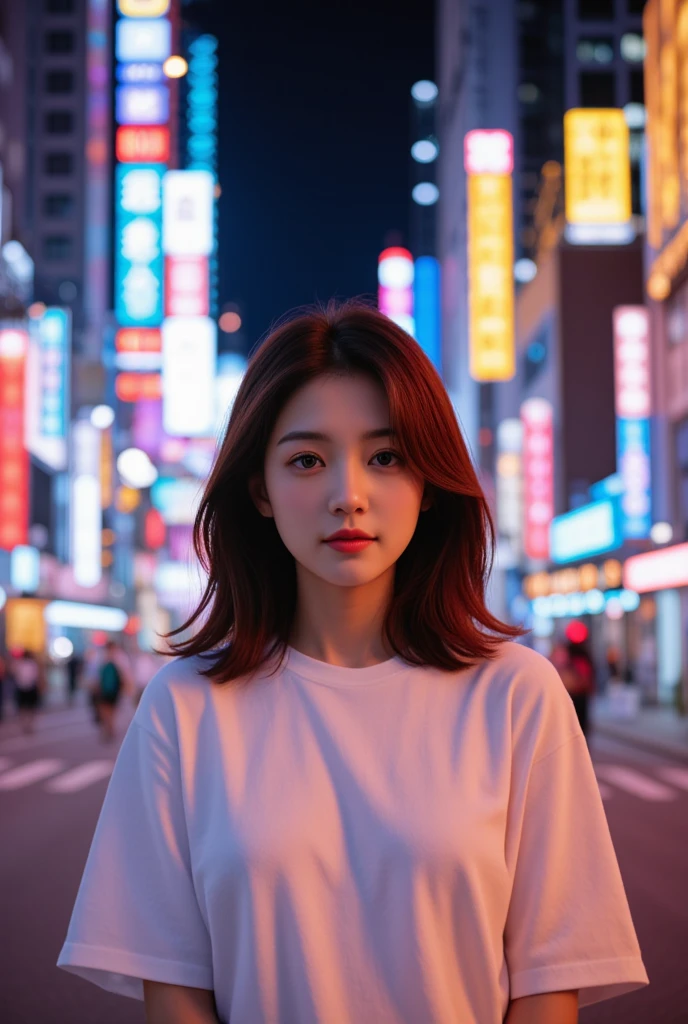 girl, layered hair, big eyes, white oversize t-shirt, bracelet, city street, night, neon, skyscraper in the background. (4K, HDR, very detailed, ultra realistic, masterpiece, realistic style),