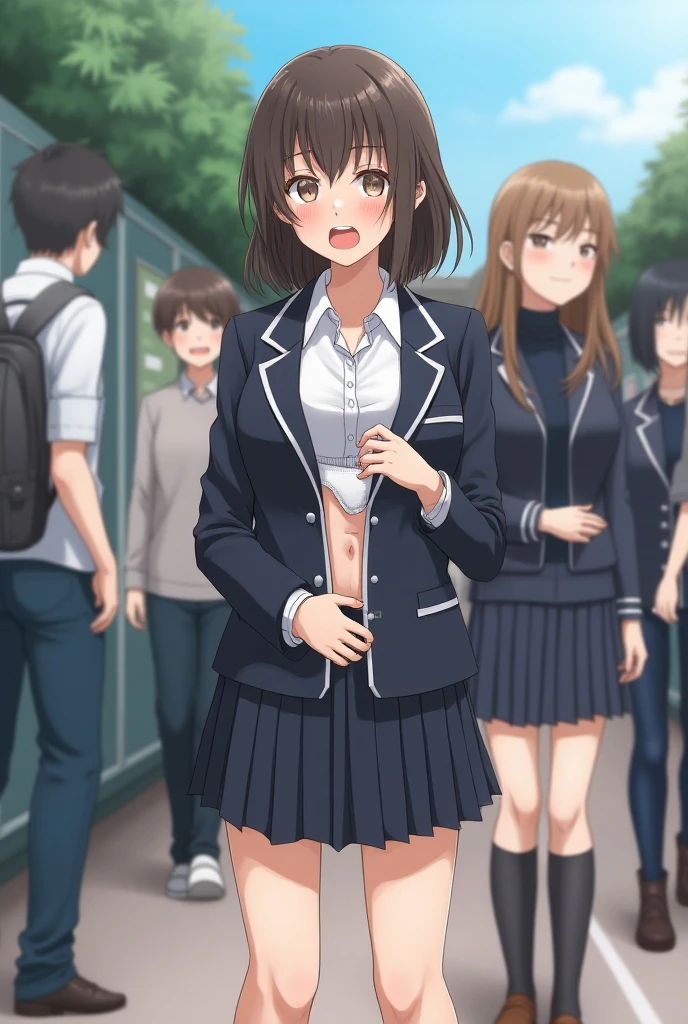 A thin female student with small breasts,{laughing},station,large crowd of people,show off breasts,school uniform,nsfw