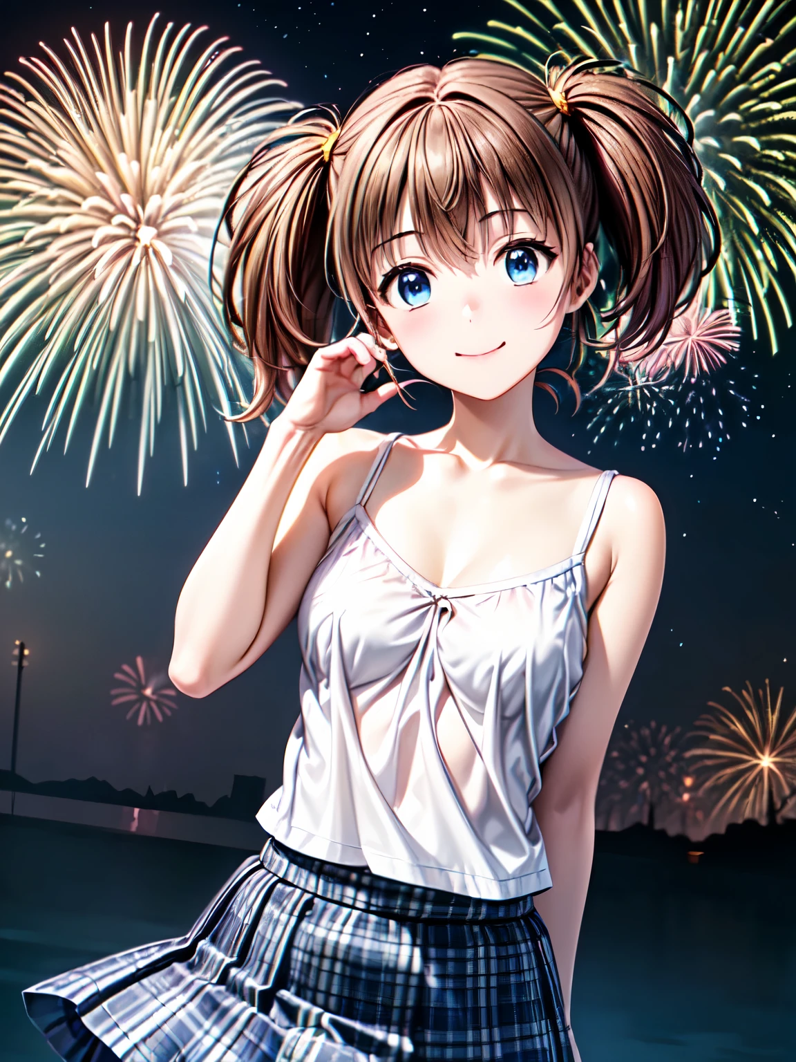 Best Quality,  High Resolution ,One Girl、solo、smile、( animated illustration style :1.3), Tomochika, Tomochika-Dannoura 、Brown Hair、 beautiful blue eyes ,  medium hair 、 twin tails,Closed Mouth、smile、cherry blossoms、firework、(firework,夜空に咲く大輪のfirework:1.2)、stroll,( camisole、skirt:1.3),(Realistic, Genuine, Genuine的、Realistic:1.3), Best Quality、  cowboy shot、
