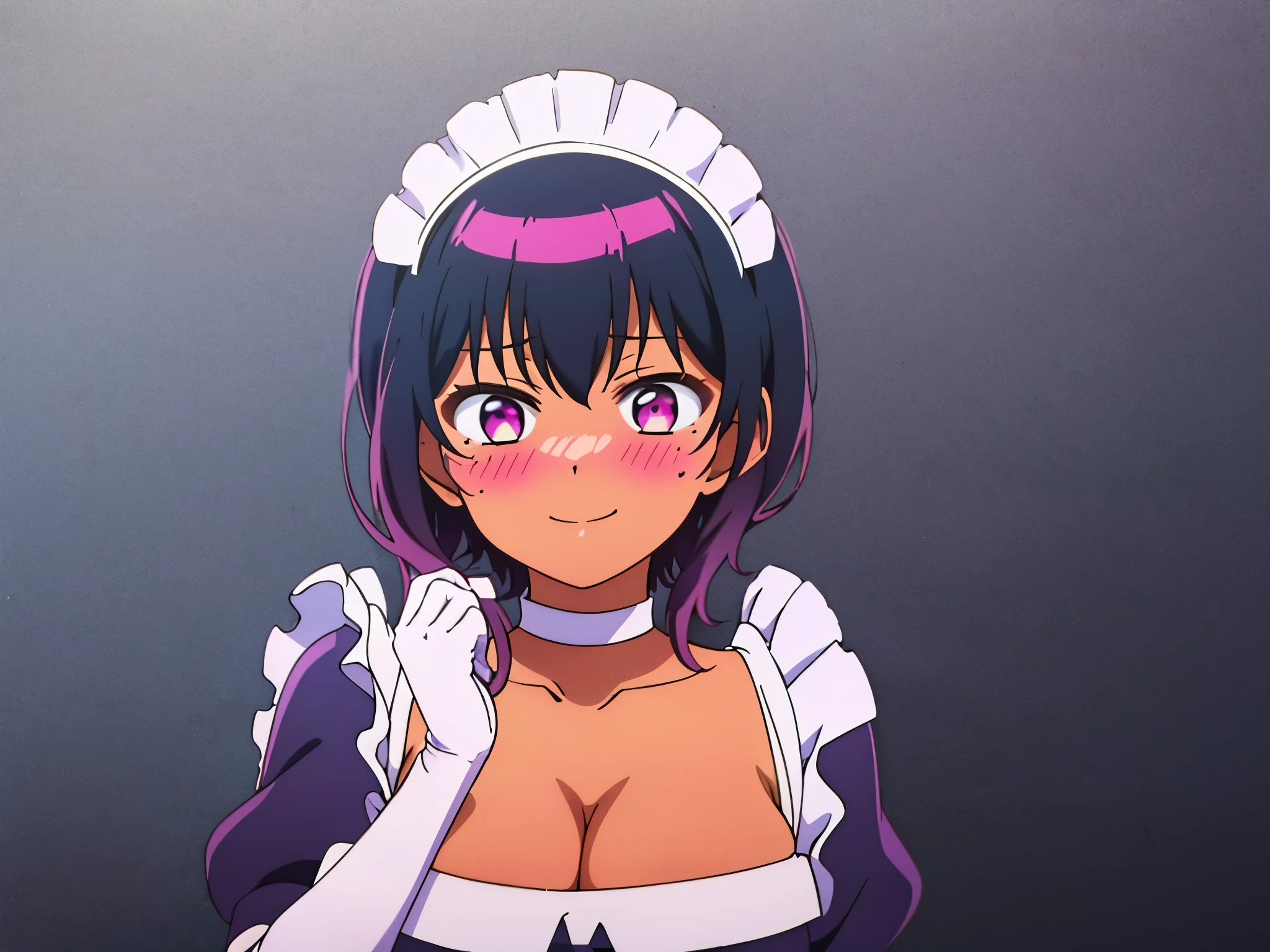 obra maestra, La mejor calidad, lilith (saikin yatotta maid ga ayashii), 1girl, black hair, blush, breasts, choker, cleavage, collarbone, dark-skinned female, dark skin, elbow gloves, gloves, large breasts, maid, maid headdress, mole, mole on breast, mole under eye, purple eyes, short hair, smile, simple background, solo, upper body, white background, white gloves
