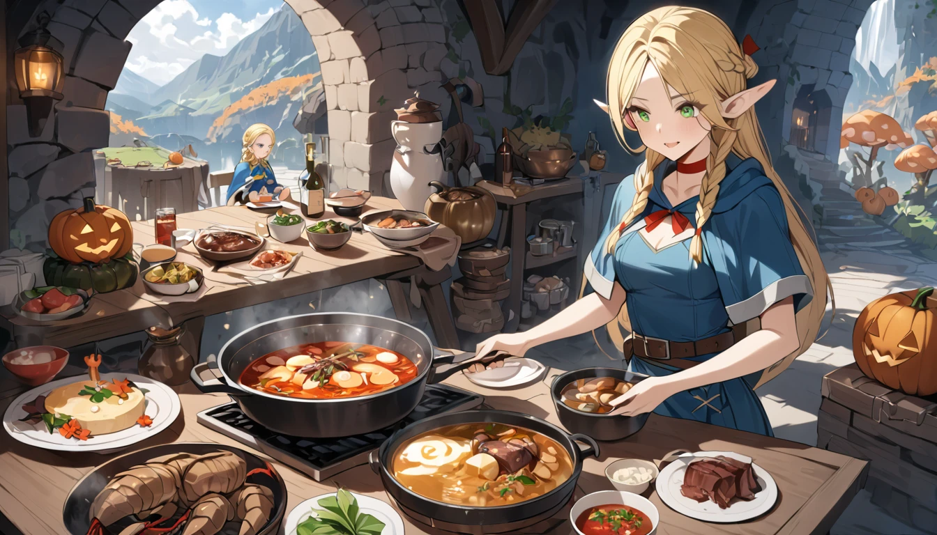 (masterpiece, best quality:1.2), Fantasy Art. Panoramic wide View, Gourmet Collection, Delicious in Dungeon, Many Dished of Dungeon Foods on the table, (1girl, solo, elf, blonde hair, long hair, braid, twin braids, pointy ears, green eyes, choker, capelet, dress, belt, pouch, She is cooking), Large scorpion and walking mushroom hot pot, Boiled Mimic, Grilled Kelpie Meat, Roasted Red Dragon, Jack-o'-lantern potage and dryad cheese topping with sauteed flower buds