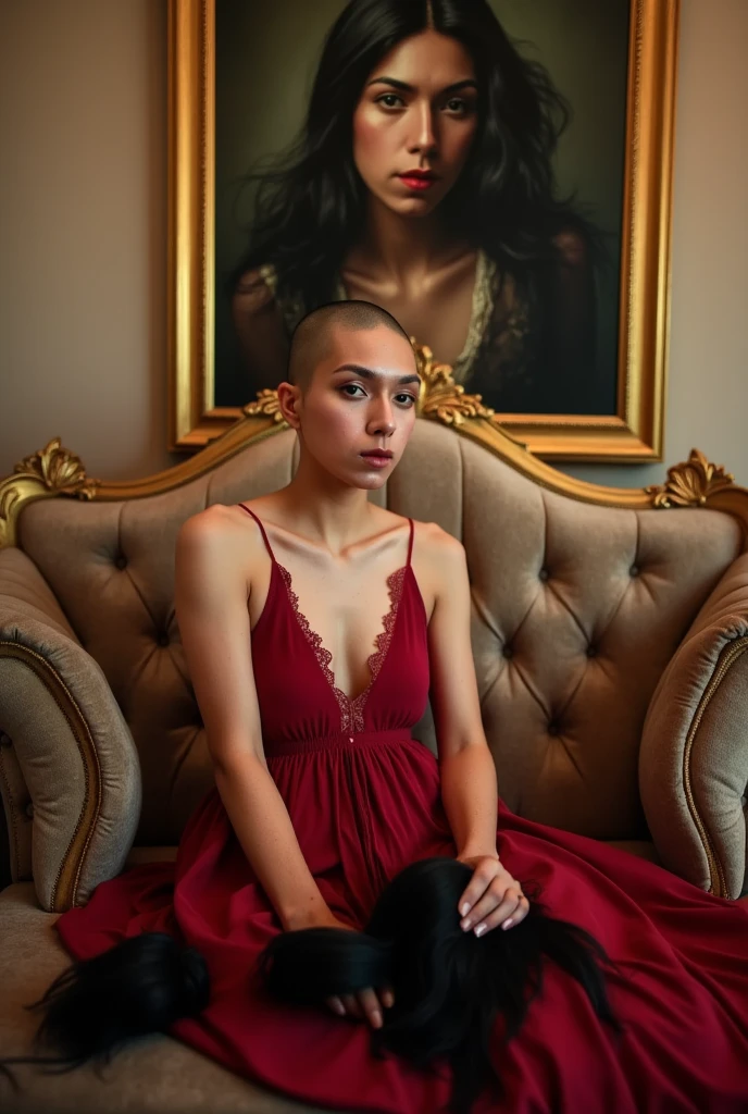 (A woman is aroused looking at the viewer), the scene is a surreal, luxurious image of a woman sitting elegantly on a lavish, baroque-style couch with ornate golden carvings. She is dressed in a flowing, crimson red dress with delicate lace details that catch the soft ambient light. (((She is shaving her head with hair clippers Her head is mostly shaved bald to the skin which is pale white))), similar she has a pale freckled ethereal face. ((There is a large pile of dark hair on center of her lap and another on the ground at her feet)). The scene has a cinematic, dreamlike quality, with subtle hints of abstraction—the colors appear rich and saturated, giving the room an almost otherworldly atmosphere. (In the background, a mysterious detailed painting of her with very long flowing hair, hangs on the wall).  Both the painting and her are in focus.
