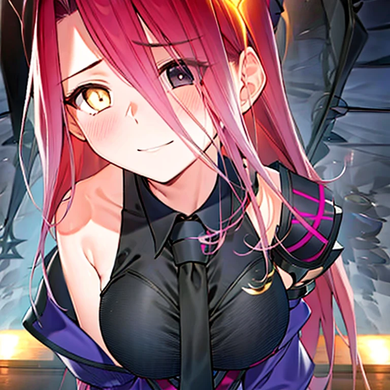 1man-boy,dark pink hair long,best quality,masterpiece,extremley,pink eyes,male focus, Cold eyes, holding balloons, wink, floating balloons leaves in background.