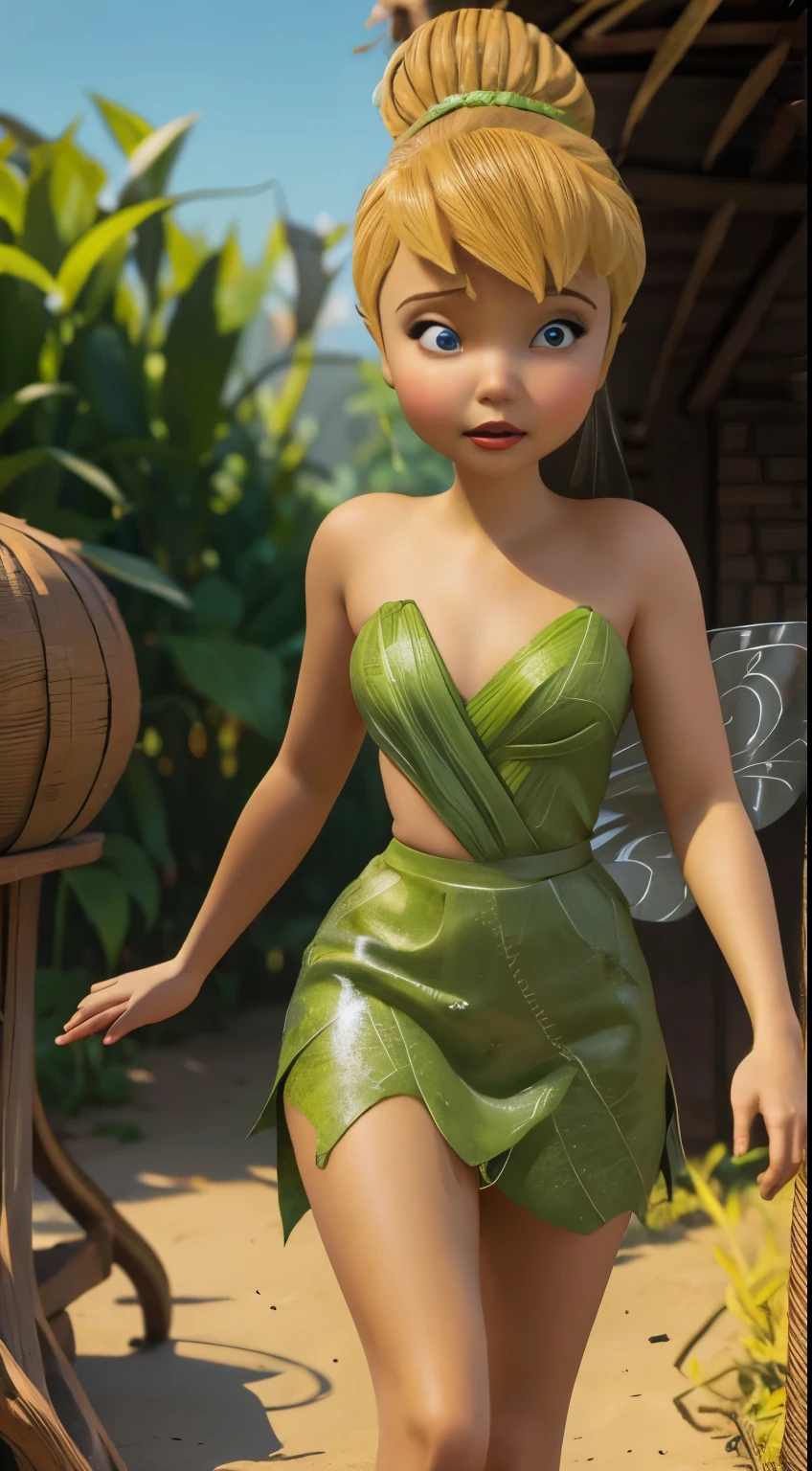  (TinkerBell open thighs),(white panties),up skirt,shoot from below,forest sky,masterpiece, top quality, highly detailed,(strapless green dress:1),Blonde hair in a high bun, blue eyes, fair skin, arched eyebrows, pink lipstick, translucent wings,puffy nipples,camel toue,open thighs,