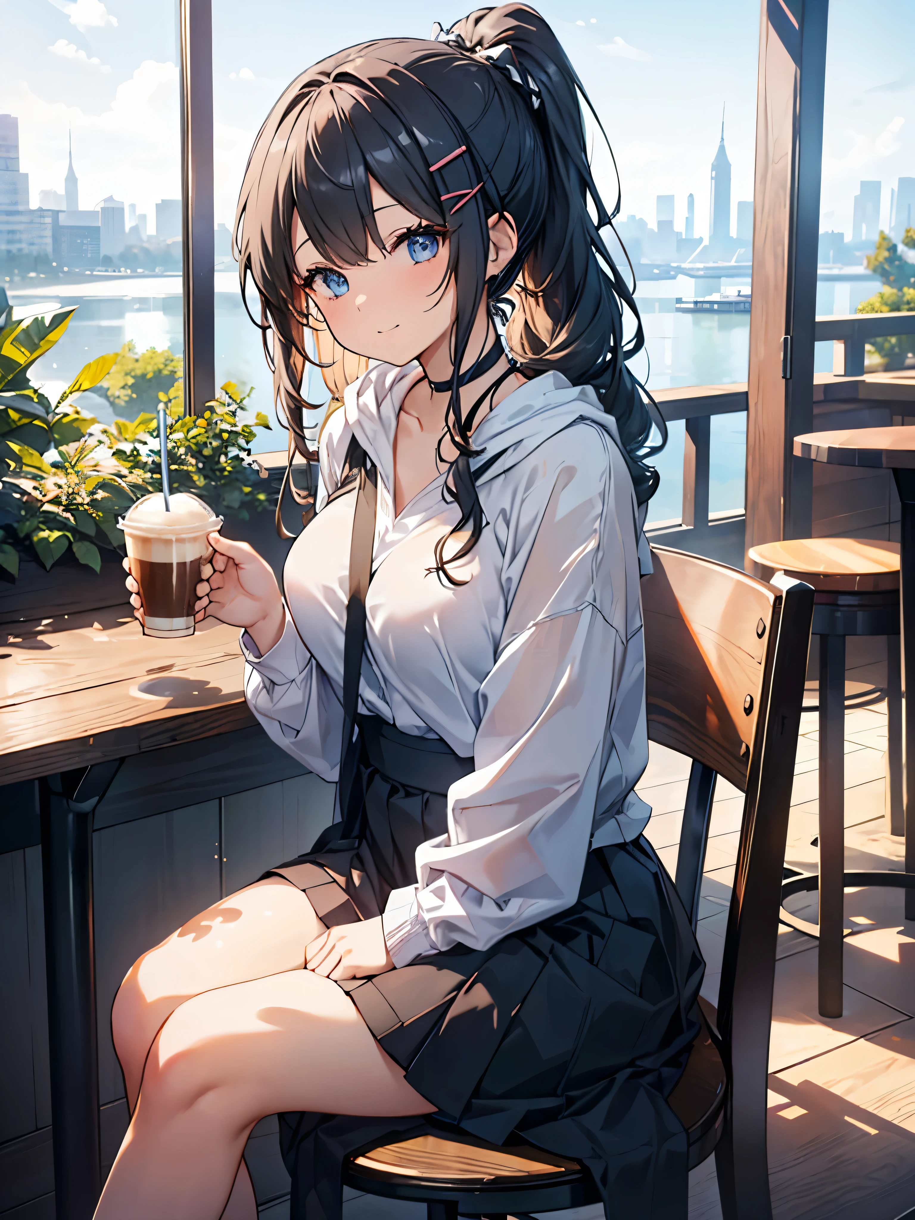 One Girl, Curly Ponytail, smile, blue eyes, View drinks ,Wear a hoodie, (Cafe）, (（morning）), masterpiece, 8k,  perfect lighting, The perfect outfit,  Perfect Anatomy, Sharp resolution, Shallow depth of field,  Soft Shadows , Casual and relaxed atmosphere, Natural light pours in, Hair clip, Beautiful breasts、 black skirt 、Sit on a chair、 coffee cup with both hands、