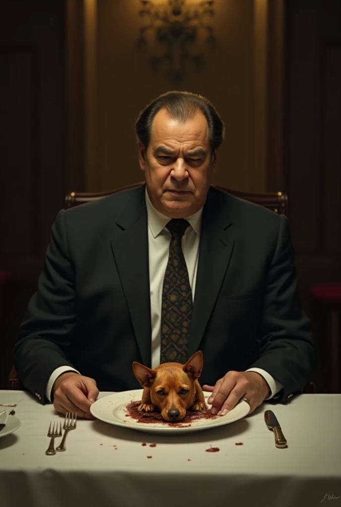 A man has a dog living in luxury, eating kebabs and kofta. Create an image that represents this scene, with colors that look old, as if from the early days of color television.