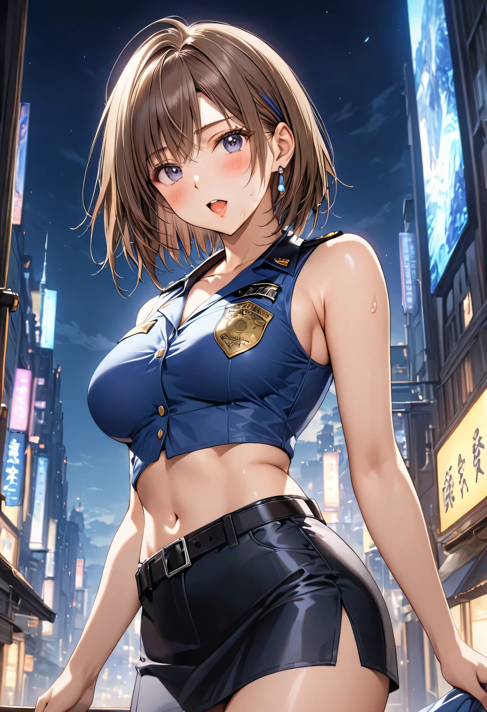 masterpiece, Best Quality, High resolution,16k,official art,super detailed skin,detailed,animated painting,(Yuna),(Final Fantasy 10),1990s \(style\),(E-cup beautiful breasts)、 (tall:1.2),height: 175cm,Fashion model body type、Sexy long legs,(police costume:1.5)、Navel exposed,black short skirt ,Abdominal muscles、Sweating all over the body、vapor、Muscular、1girl,nsfw,(Ahegao:1.3),blush,(vulgarity)、Anime-style painting style,Brown Hair,shortcut hair、Close up on upper body,Cinematic lighting,Superfine,magnificent view、city、night, sexy Seductively Posing,