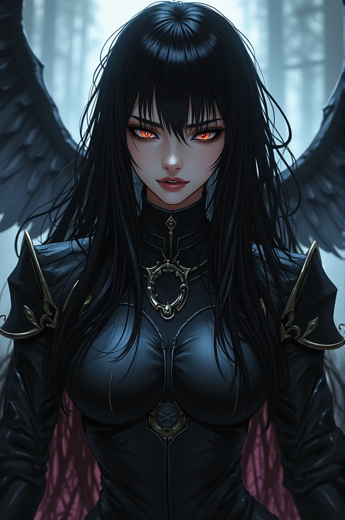 (divine,demon,women,long black hair,penetrating detailed red eyes,serious expression,big breasts,huge black cloak that covers her whole body,big black wings,dark,malicious),(oil painting,high contrast,expressionism),(vibrant colors,dark shadows,ominous atmosphere),(mysterious lighting,emphasis on facial features),(best quality,ultra-detailed,realistic:1.37),(horror,concept artists,narrative)。