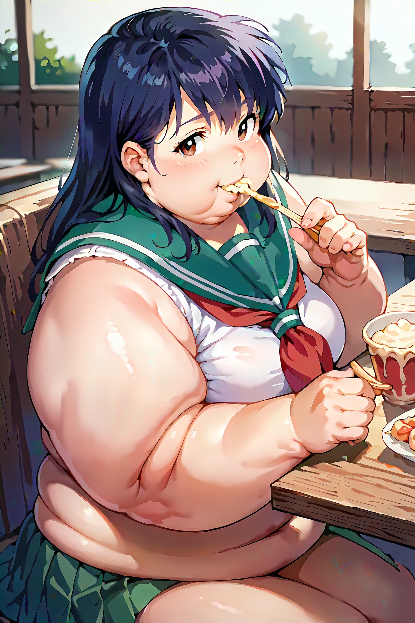 portrait, sharp focus, soft lighting, illustration, depth of field, (bloom:0.4), kagomexl, long hair, black hair, brown eyes, bangs, school uniform, serafuku, sailor collar, red neckerchief, smile, fat, chubby, obese, sitting in restaurant, eating