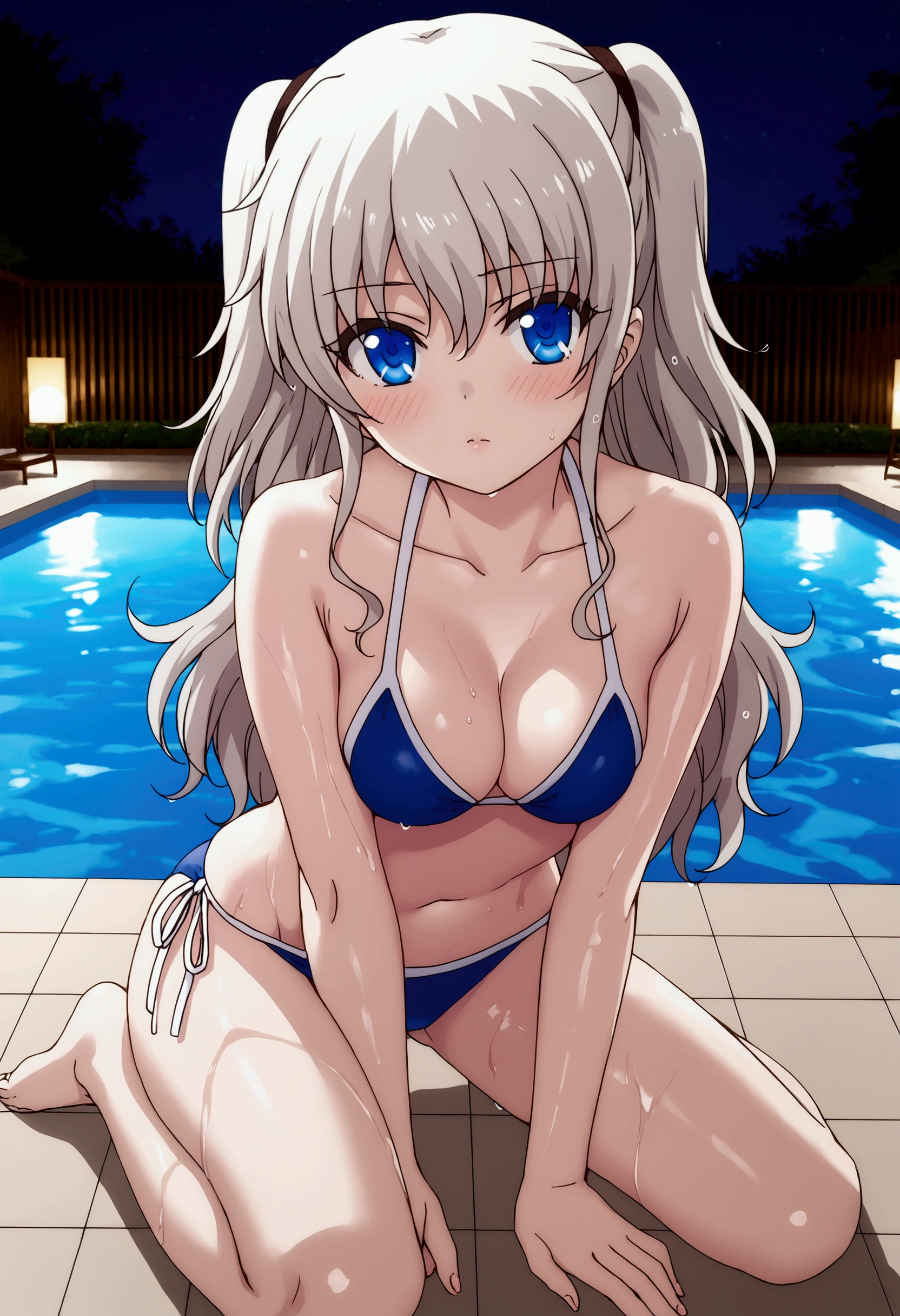 nao tomori, long hair, blue eyes, two side up, nude, Bikini Swimwear, sexy pose, blush, shy, Pose seductively, Posing provocatively, Wet body, Sexy lips, pool, night, full body, looking at viewer, Body tingling,