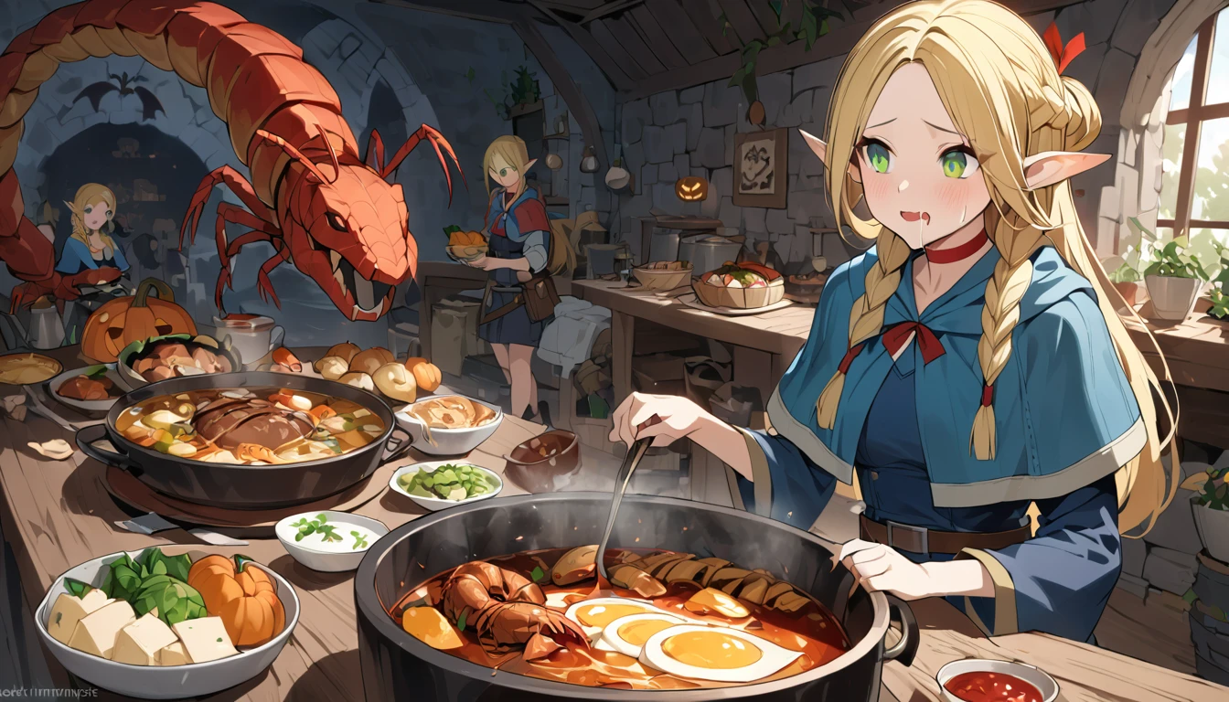 (masterpiece, best quality:1.2), Fantasy Art. Panoramic wide View, Gourmet Collection, Delicious in Dungeon, Many Dished of Dungeon Foods on the large table, (1girl, solo, elf, blonde hair, long hair, braid, twin braids, pointy ears, green eyes, choker, capelet, dress, belt, pouch, She is drooling as she looks at the food.), Large scorpion and walking mushroom hot pot, Boiled Mimic, Grilled Kelpie Meat, Roasted Red Dragon, Jack-o'-lantern potage and dryad cheese topping with sauteed flower buds