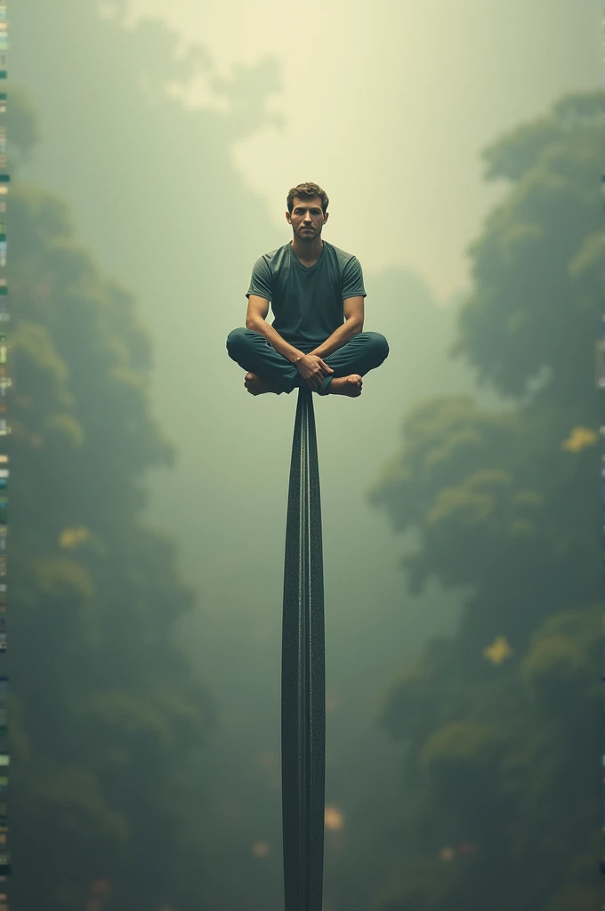 A man sit inside a tire that tire is tide with a very long rope like it is hanging and man is sitting inside a tire and the background will be enough forest