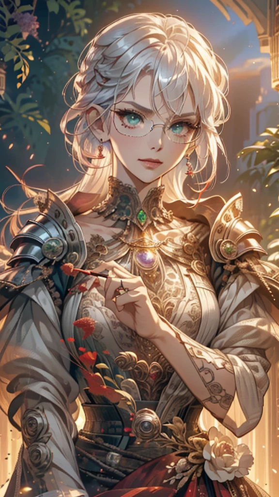 8k, masterpiece, best quality, highly detailed, 1 girl, matured woman, wrinkled, solo, pixie cut, multicolored hair, long straight hair, red highlight hair on white hair, stippled hair, white hair, wearing glasses, round glasses, glowing green eyes, earrings, red eyeshadow, long eyelashes, blushed cheek, red lips, pearl necklace, rings, mole on face, heavy armor, violet and black theme clothes, roses,menacing smirk, close up view, rings, looking at viewer, standing, shield, holding rapier in front, blade between face.