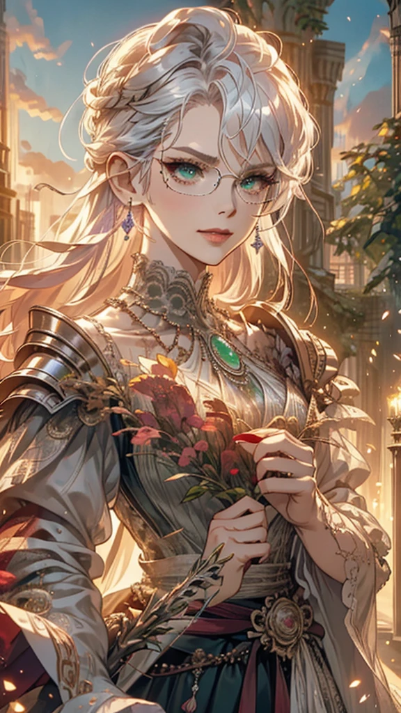 8k, masterpiece, best quality, highly detailed, 1 girl, matured woman, wrinkled, solo, pixie cut, multicolored hair, long straight hair, red highlight hair on white hair, stippled hair, white hair, wearing glasses, round glasses, glowing green eyes, earrings, red eyeshadow, long eyelashes, blushed cheek, red lips, pearl necklace, rings, mole on face, heavy armor, violet and black theme clothes, roses,menacing smirk, close up view, rings, looking at viewer, standing, shield, holding rapier in front, blade between face.