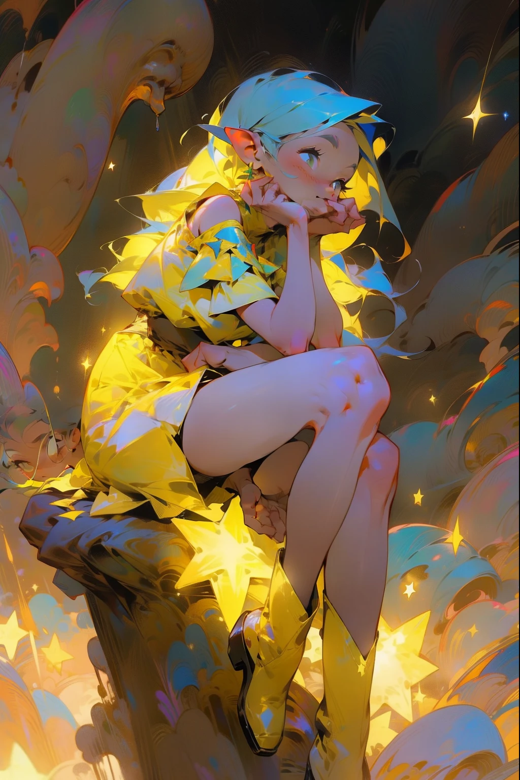 One Girl、 1 girl,Expressionless、Fantastic look、Fairy,  pointed ears, masterpiece, Best Quality,  High Resolution ,,  1 girl, Alone, Blue Hair, Yellow Bandana, Long Hair ,  thigh-high boots、Yellow dress、Yellow Skirt, Dark Background, starlight, star,starをすくう、手のひらでstarを救い上げる、Thighs、sit proudly、Lift your legs、Crossing your legs、Holding a book、Holding a book、Close the book。