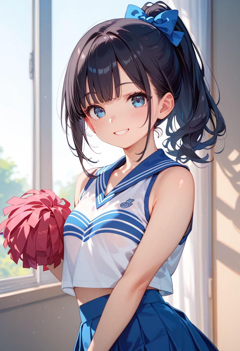 (Best Quality), High school girl, Black Hair,  ponytail on background, smile, If you look at this,  High Resolution , Beautiful girl with perfect body , Young face, Medium Breast, Cheerleader, I&#39;m rooting for you, Stadium