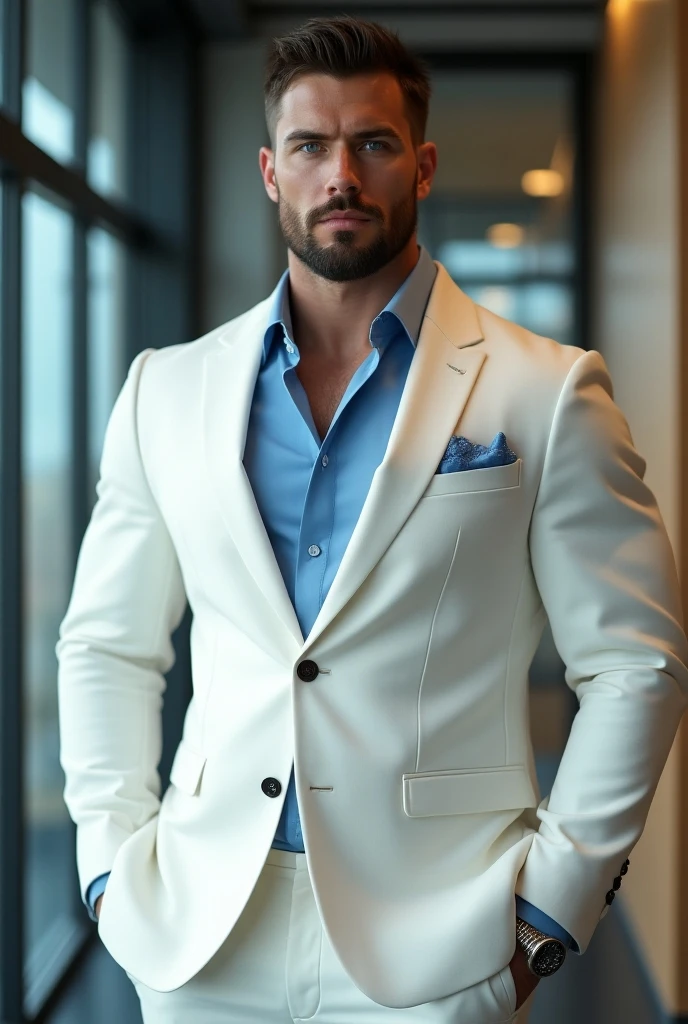 A handsome and sexy man wearing a casual white short and blue suit,and formal pant, , he has gorgeous face,and stylish black hair, and short beard, he is sitting in a cafe, homoerotic, nsfw ,open legs, alluring pose, wet pussy, wet crotch,wet pant