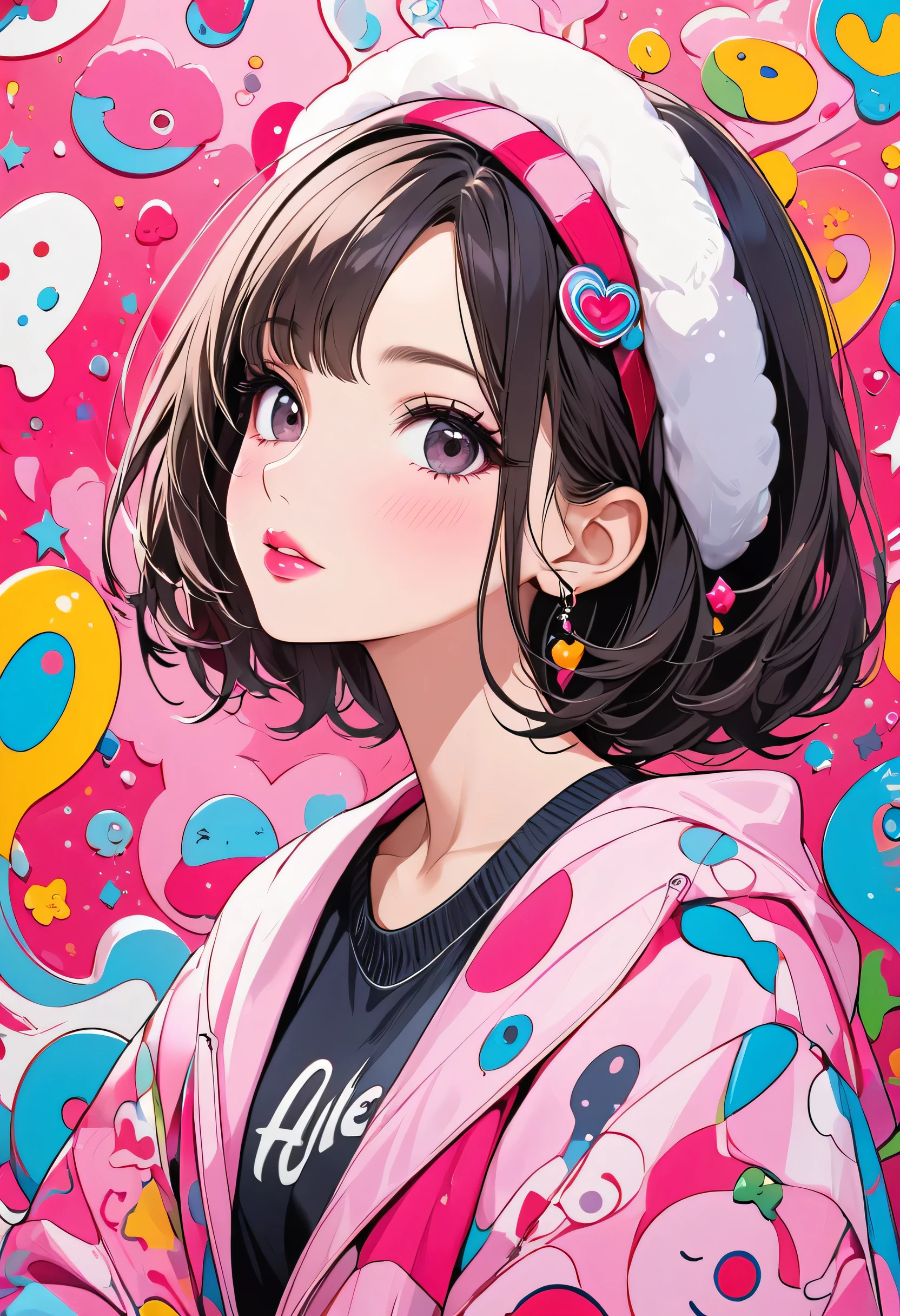 Ultra-realism Lady Pink colorful style, Simple Line Initialism,Abstract art,(((The most beautiful girl of all time))), Sweet face. Lips in love, stylish design, Dark Eyes, (((Holiday Room))), (((Cute amoeba)))