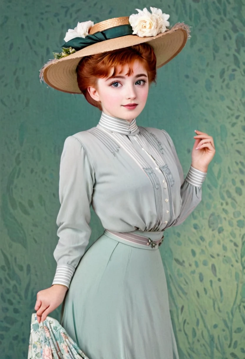 Anna as a coquettish yo redhead Gibson Girl of the 1900s. Year 1903. 1900_dr3ss. High-collar long sleeve shirtwaist, flower-brimmed hat