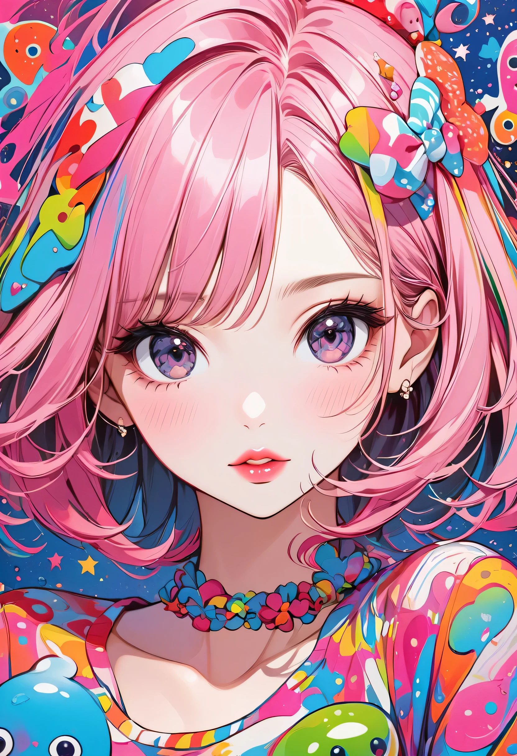 Ultra-realism Lady Pink colorful style, Simple Line Initialism,Abstract art,(((The most beautiful girl of all time))), Sweet face. Lips in love, stylish design, Dark Eyes, (((Holiday Room))), (((Cute amoeba)))