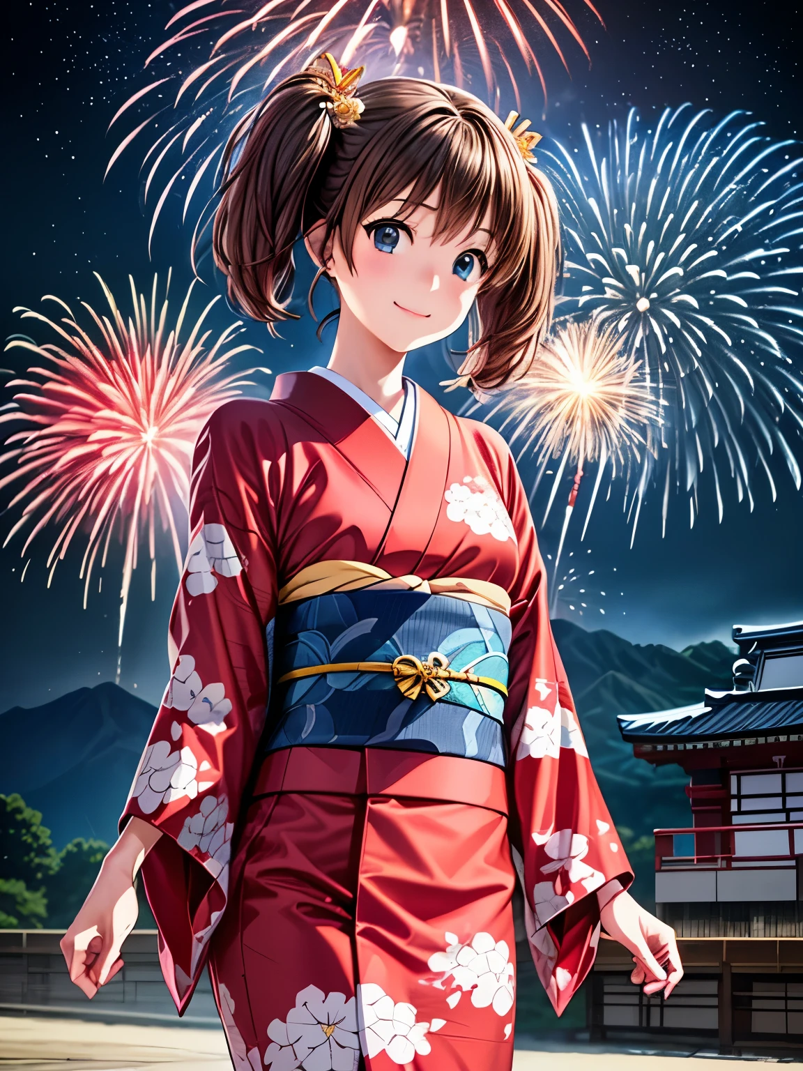 Best Quality,  High Resolution ,One Girl、solo、smile、( animated illustration style :1.5), Tomochika, Tomochika-Dannoura 、Brown Hair、 beautiful blue eyes ,  medium hair 、 twin tails,Closed Mouth、smile、cherry blossoms、firework、(firework,夜空に咲く大輪のfirework:1.2)、stroll,(Japanese Kimono:1.3),(Realistic, Genuine, Genuine的、Realistic:1.3), Best Quality、  cowboy shot、
