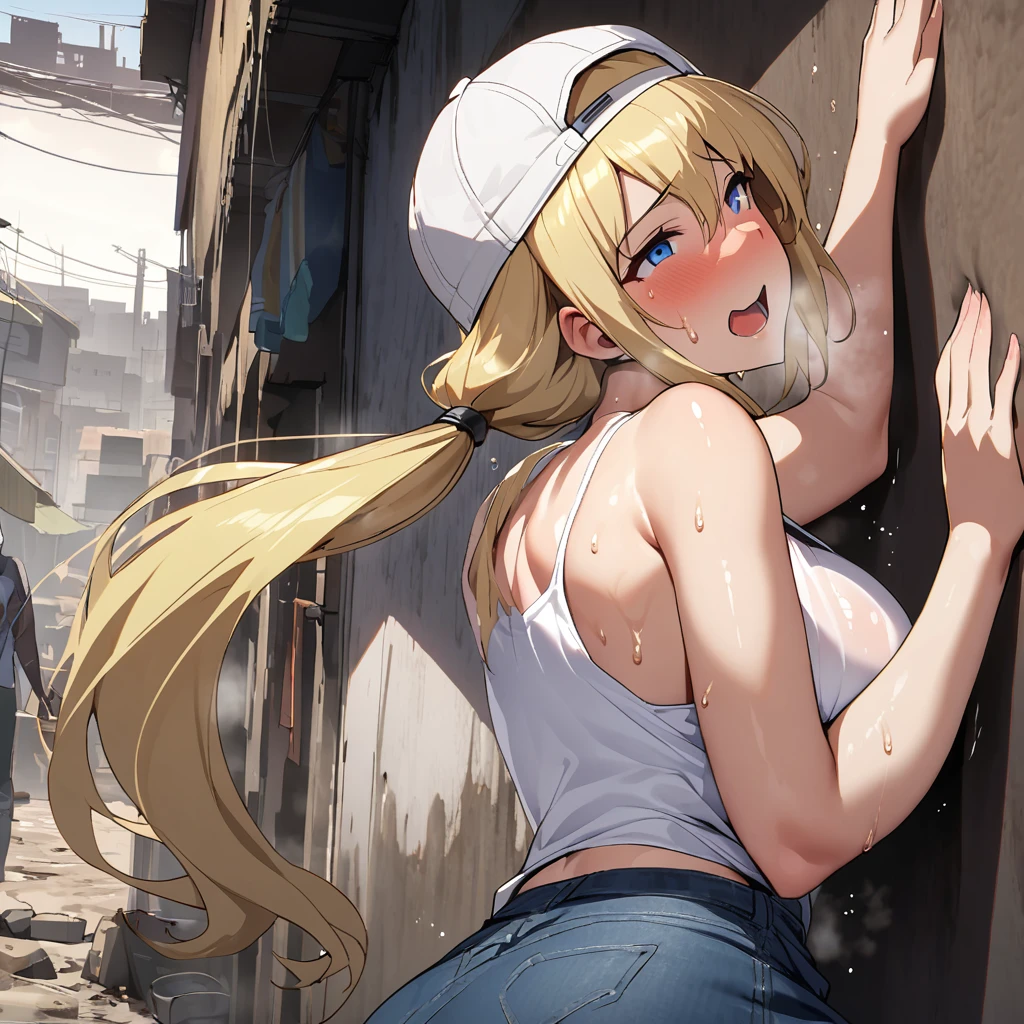 nsfw, masterpiece, 1 girl, ((topless)), intricately detailed, navel, necklace, blonde hair, jogging pants, extremely detailed, photorealistic, octane render, 8 k, unreal engine., bare breasts, bare stomach, sweaty, beautiful face, small breasts, flat chest, gold city \(umamusume\), park, horse ear, horse tail, bare shoulders, nipples, holding water bottle, nipples, running, full body, relaxed face, bored