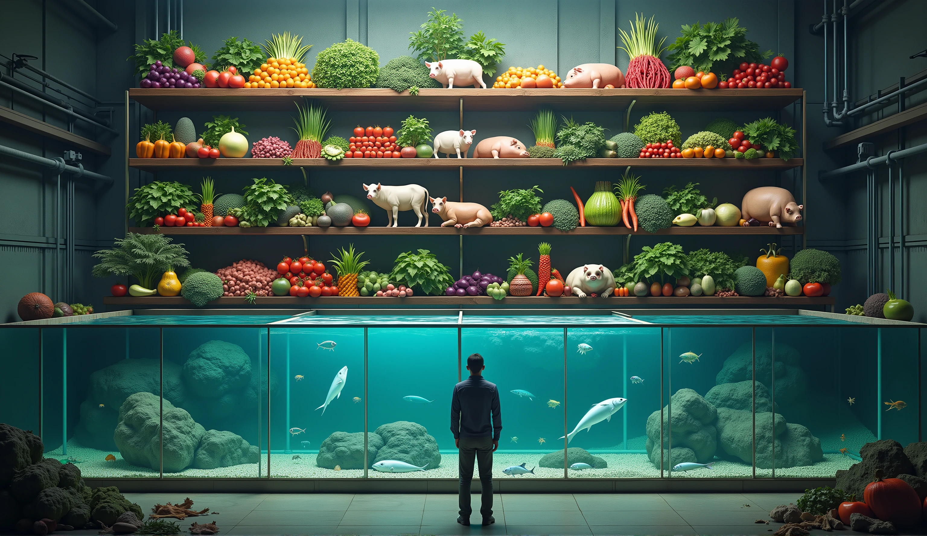 8k,RAWPHOTO,The bottom of the giant factory shelf , Detailed vegetables are arranged on the top level ,２The tiers are 、Detailed cows, pigs, and chickens are kept , The bottom level is covered with detailed aquariums where sea bream, flounder, and yellowtail swim,16:9