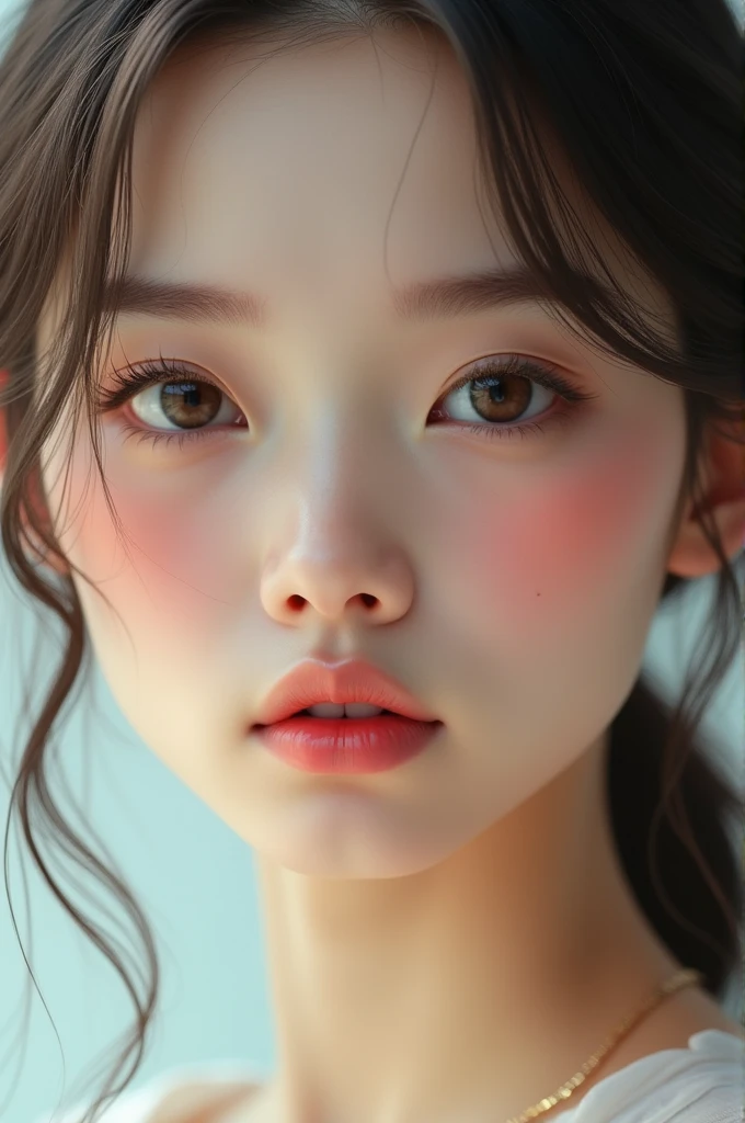 (8K, HDR, highres), ((((Photography, RAW photo, hyperrealism, masterpiece, best quality, ultra highres)))), (pin light, back light, backlighting, cinematic light), sharp focus:1. 4, (hyper detail, finely detailed), face close-up, close-up,, 1girl, Egg-shaped face with cat-like eyes, small and plump lips, straight and cute nose, slightly blushing cheekbones, thick eyebrows and long and pretty eyelashes.