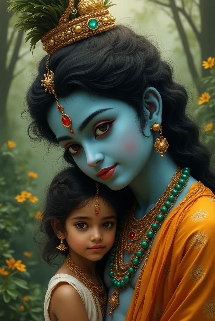Realistic, masterpiece, 8k, high quality, cinematic lighting, cute ???, (((blue skin))), peacock feather , beautiful ??? boy, beautiful realistic eyes, divine, full body, garlands, flower garlands, golden necklace, cheerful, yellow robe pants, chubby cute ???, little Krishna, realistic sparkling eyes