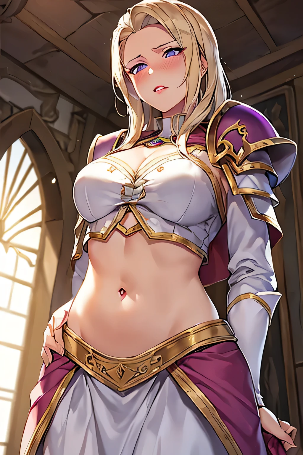 super fine illustration, vibrant colors, masterpiece, sharp focus, best quality, depth of field, ultra detailed, 1girl, solo, blush, purple waist cloth, long sleeves, armor,  warcraft, world of warcraft, WOW, jaina proudmoore, Elegant, looking down, blonde hair, body armor, shoulder pad armor, body armor, white skirt, red lipstick, night, indoors, leaning, hand on own stomach, shocked, afraid,  red lips, teeth, navel, embarrassed, medieval, pouting, midriff, belly