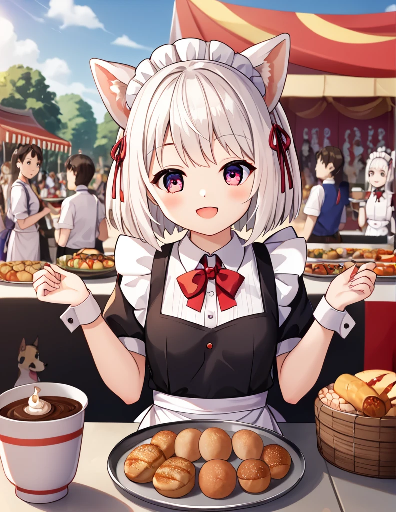 ((Bright colors)),, debt/1.2, 超  High Resolution  , detailed,   best quality,   High Resolution  , masterpiece、 White dog ears，White Hair、  shortcuts、School Festival、whole body、cute、smile、 I have a tray with coffee on it、  、20 years old，Maid，Maid喫茶，Cultural Festival，School Festival