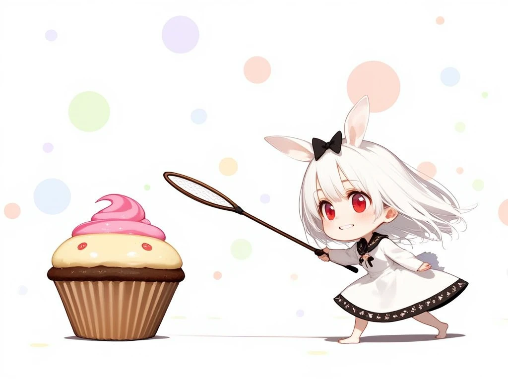 girl\(2.5D,Chibi,cute,kawaii,small ,white hair:1.4,long,hair,rabbit ear,white long dress with frill,red eyes,big eyes,skin color white,big black hairbow,, holding catching net\) chasing the monster\(small cupcake monster,pink whipped cream squeezed at top, have a mouth and sharp teeth,\) running away from her,background\(simple white, cute colorful circles\),