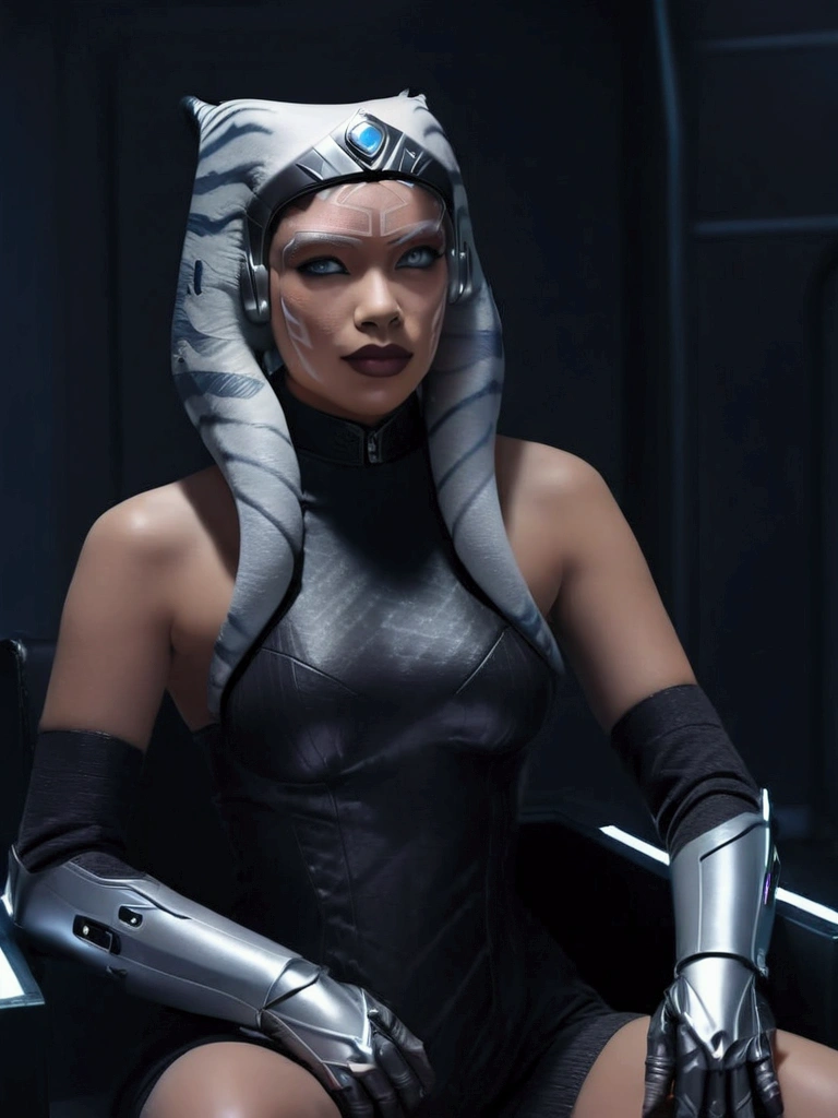 Aahsoka and ((￼ silver eyes)) (((eyepatch borg))) sits confidently on a modern-looking chair. She is dressed in a latex black (latex) military (latex uniform) that includes a rank plate with 6 blue squares on the top and 6 red squares on the bottom. She is wearing a black cape that falls over one of her shoulders. Her expression is serious but relaxed, with a slight smile. The . The lighting is dim, with lights in red and blue tones that highlight hegure, especially her face. She is wearing black gloves and tall boots, with one leg crossed over the other. The scene conveys authority and power, set in a futuristic or space environment, probably inside a ship or station. Everything is depicted in a comic-like drawing style, with bold lines and vibrant colors that reflect a typical comic book aesthetic.
