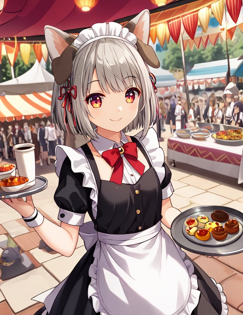 ((Vibrant colors)),, debt/1.2, 超   High Resolution   , detailed,    best quality,    High Resolution   , masterpiece、 White dog ears，Gray Hair、   shortcuts、School Festival、whole body、cute、smile、 There is a tray with coffee、  、20 years old，Maid，Maid喫茶，Cultural Festival，School Festival