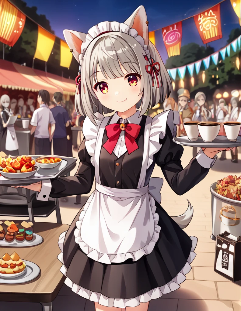 ((Vibrant colors)),, debt/1.2, 超   High Resolution   , detailed,    best quality,    High Resolution   , masterpiece、 White dog ears，Gray Hair、   shortcuts、School Festival、whole body、cute、smile、 There is a tray with coffee、  、20 years old，Maid，Maid喫茶，Cultural Festival，School Festival