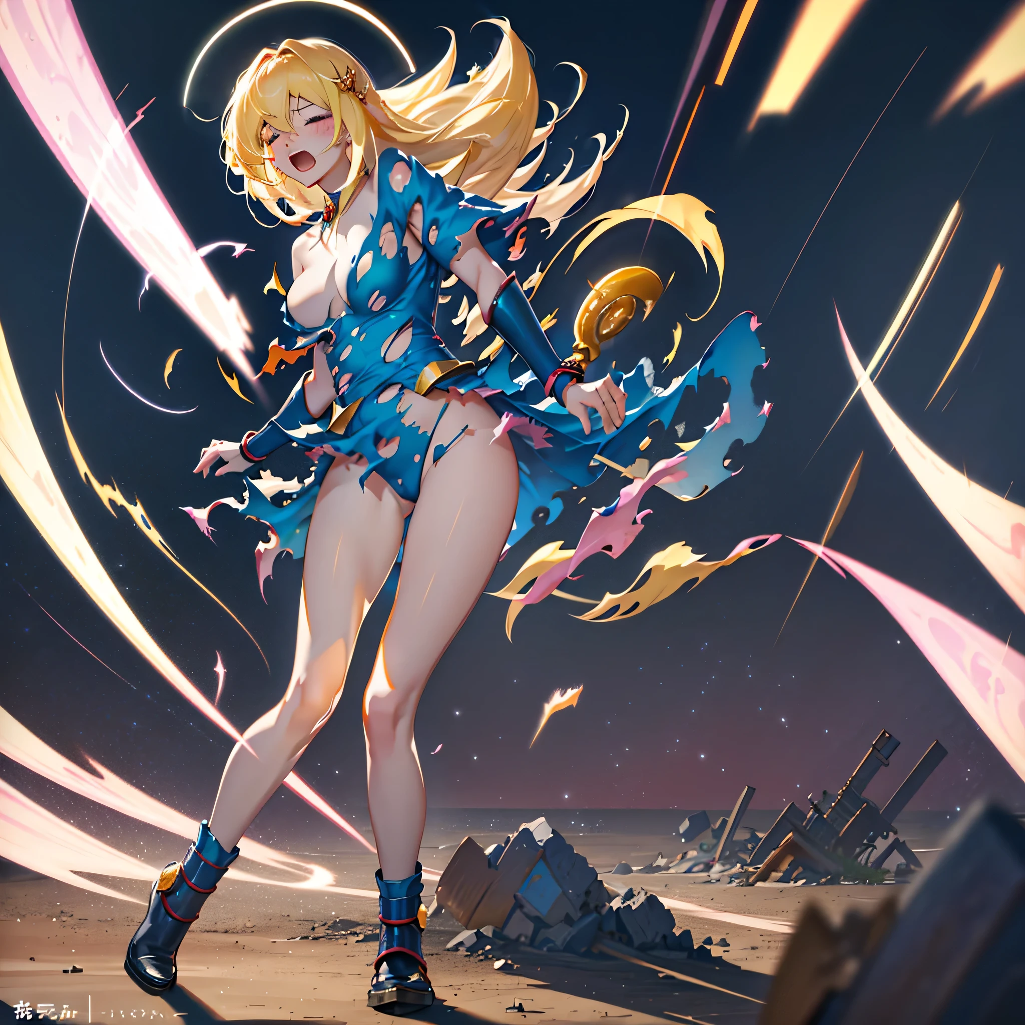 yu-gi-oh!, Dark Magic Girl , miniskirt,All clothes were torn to pieces by the shock wave.,Near full nudity,Clear and delicate layering, Hand and foot decoration, Two pairs of slender jade bracelets, Two long white legs exposed, best quality , masterpiece, Anime style, Beautiful woman, nebula, Star ,Highly detailed face, complex,, Model, texture, Chiaroscuro, Actual , severe, domineering, Figure in the frame, Super beautiful background drawn by WLOP, Movie Lighting, Star, firefly, Ethereal,Attacked by Sky Dragon,The clothes are torn, torn clothes ,The clothes were torn and the body was exposed,Showing underwear, torn clothes 碎片环绕在身体周围,Very painful expression,Scream,Close your eyes,Show your buttocks,Left leg is bare ,Long blond hair, 1 woman, high res ,