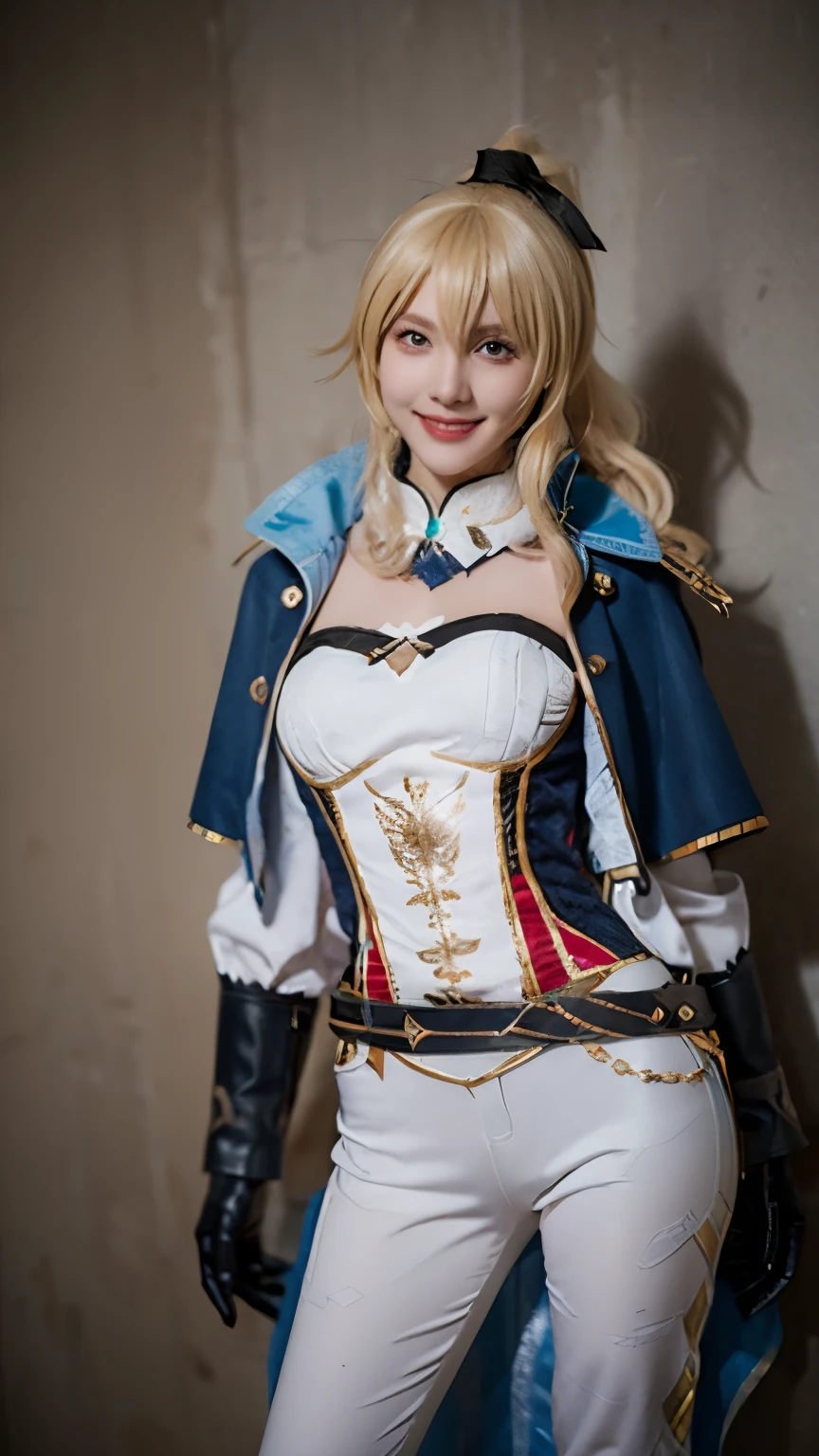 best quality, masterpiece, photorealistic, 1girl, solo, standing, cowboy shot, looking at viewer, arms at side, smile, closed mouth, jean cosplay costume, cosplay, ponytail, blonde hair, bangs, capelet, corset, sleeves, gloves, belt, pants, tight pants, simple background, 