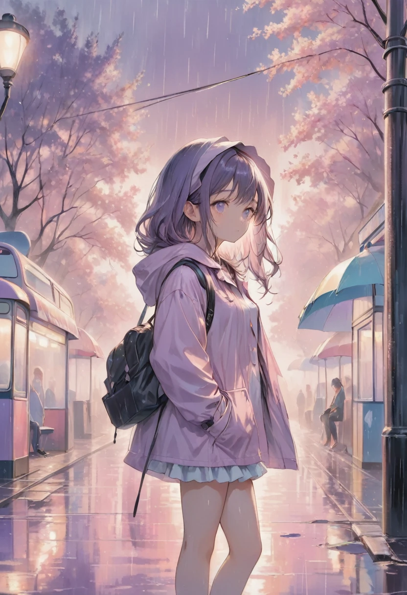 masterpiece, best quality, ultra-detailed, Low Fidelity (lofi) art style, pastel pink and purple tones. A young girl stands alone at a quiet bus stop on a rainy evening, wearing a pastel pink raincoat with a matching hood. She holds a small umbrella, shielding herself from the gentle rain. The streets around her are wet, reflecting the soft, pastel-colored streetlights. Raindrops create ripples in small puddles, and the sound of the rain is the only thing breaking the silence. In the background, pastel-colored buildings are softly lit, and the sky is a muted blend of purple as dusk settles in. The girl gazes calmly at the distance, waiting for the bus, her expression relaxed as she listens to the soothing sound of the rain. The scene evokes a feeling of quiet reflection and peaceful solitude.