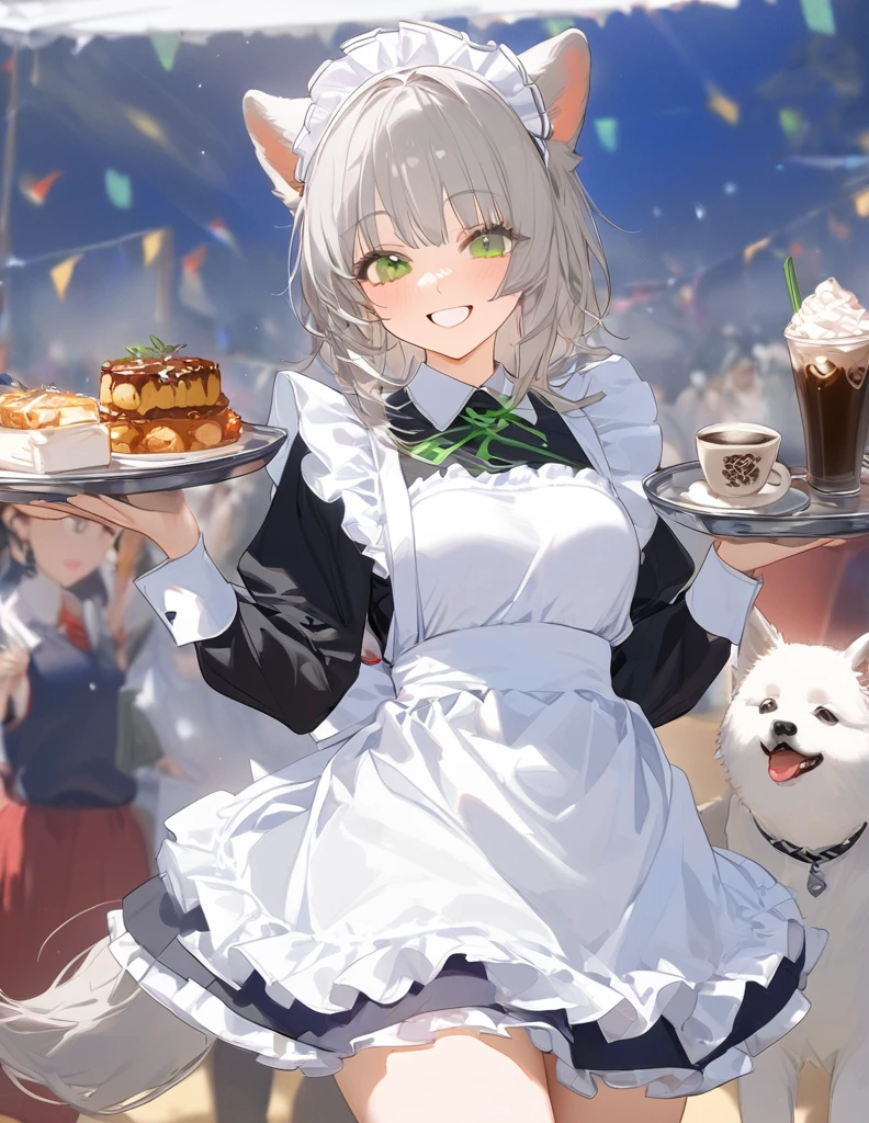 ((Vibrant colors)),, debt/1.2, 超    High Resolution    , detailed,     best quality,     High Resolution    , masterpiece、 White dog ears，Gray Hair、    shortcuts、School Festival、whole body、cute、smile、 There is a tray with coffee、  、20 years old，Maid，Maid喫茶，Cultural Festival，School Festival