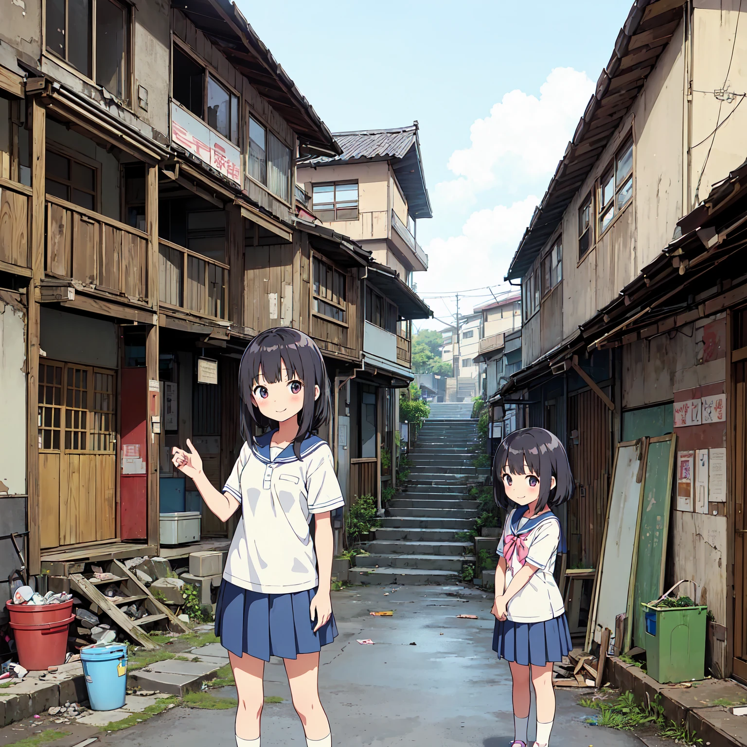 ((masterpiece、Highest quality))、masterpiece,Highest quality,The girls gather,5 Maidens、Outdoor,Unsanitary and abandoned city、Anime patterned panties、topless、smile、Poor conditions、ruins、sewage、Dirty shop、Crumbling underground shopping mall、street vendors、Poor person々、Blame me people